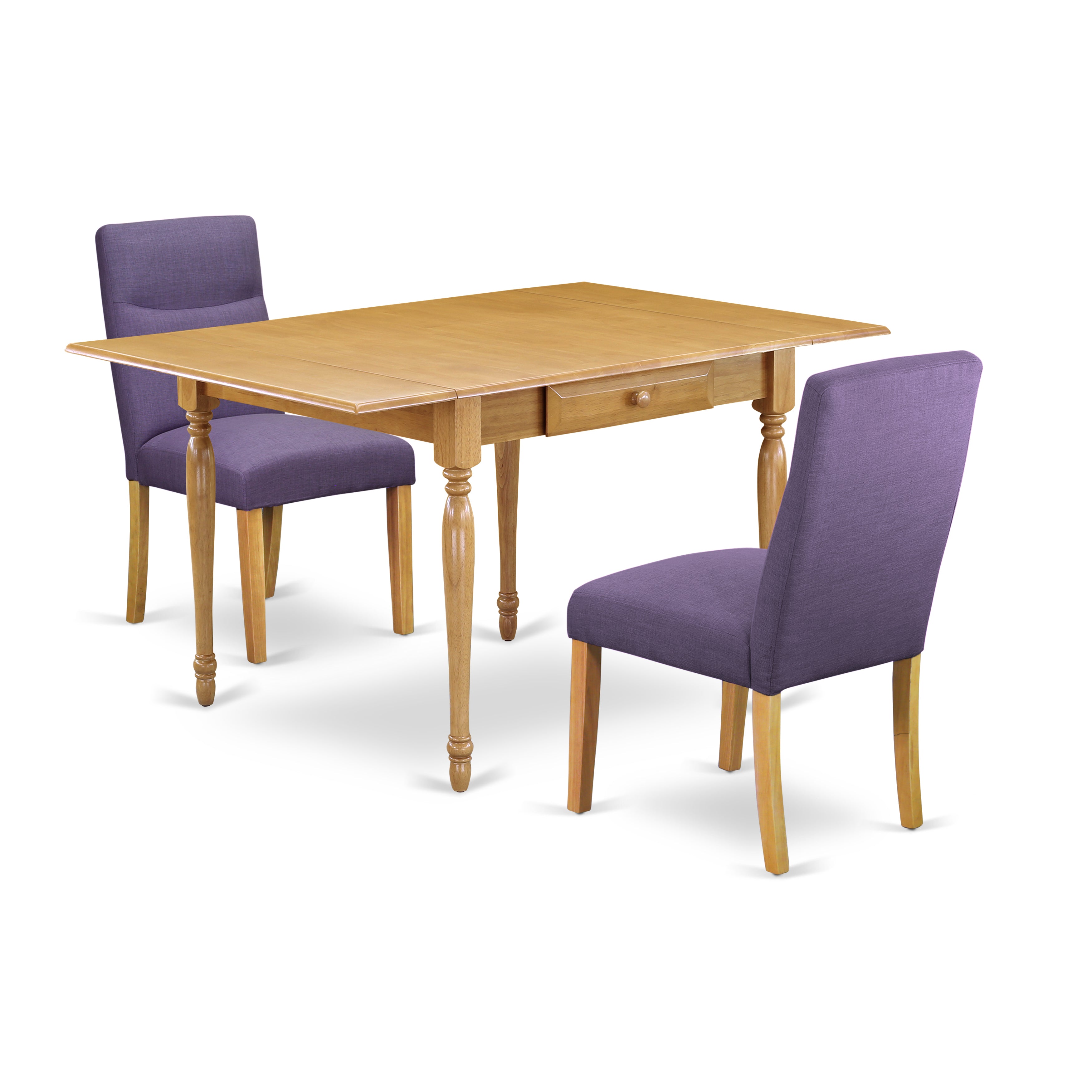 East West Furniture MZBE3-OAK-10 3Pc Dining Table Set for 2 Includes a Rectangular Table and 2 Parsons Chairs with Dahlia Color Linen Fabric, Drop Leaf Table with Full Back Chairs, Oak Finish