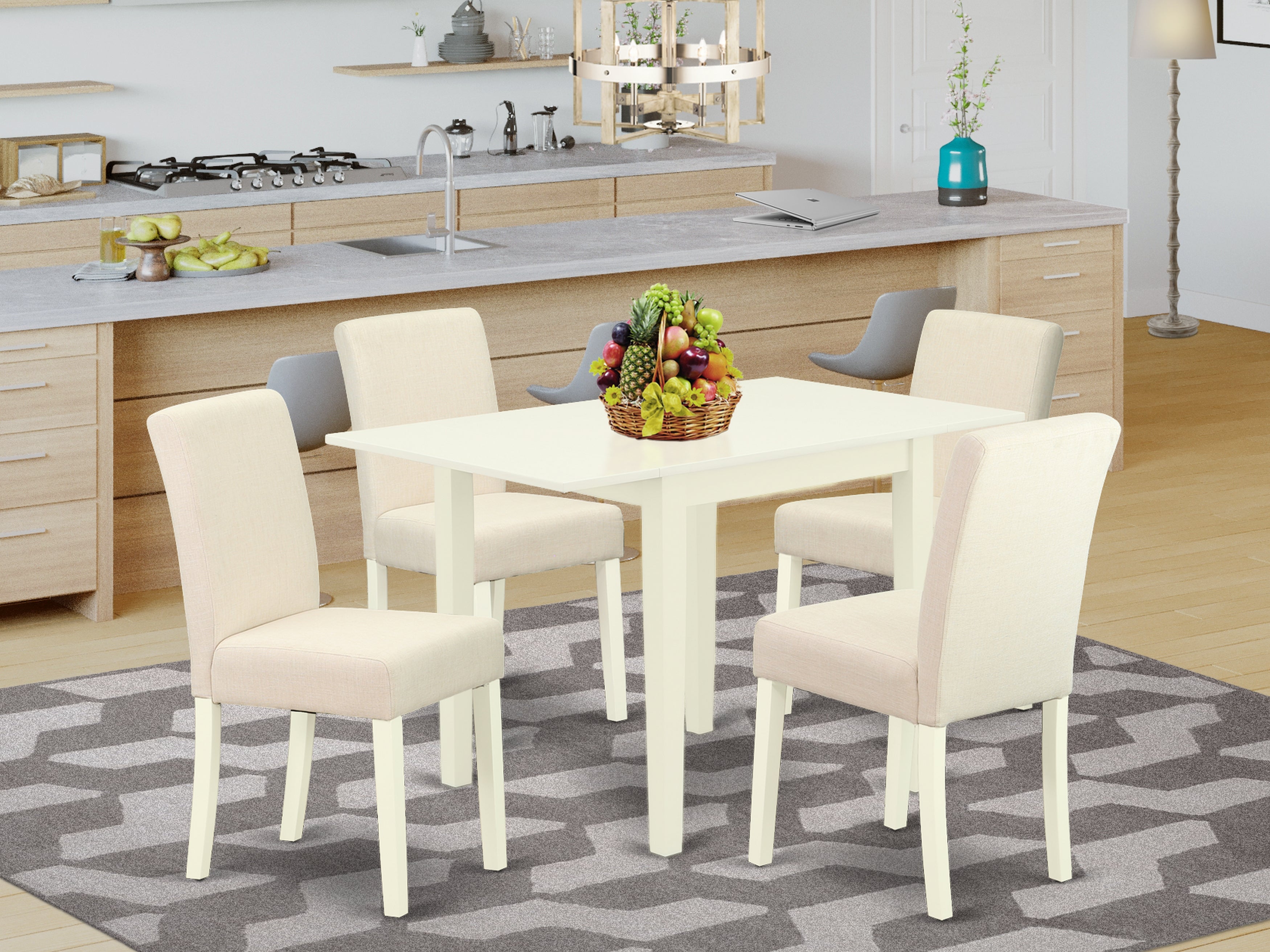 East West Furniture NDAB5-LWH-02 Modern Dining Table Set 5 Pc - Four Dining Room Chairs and a Kitchen Table - Linen White Finish Solid wood - Light Beige Color Linen Fabric