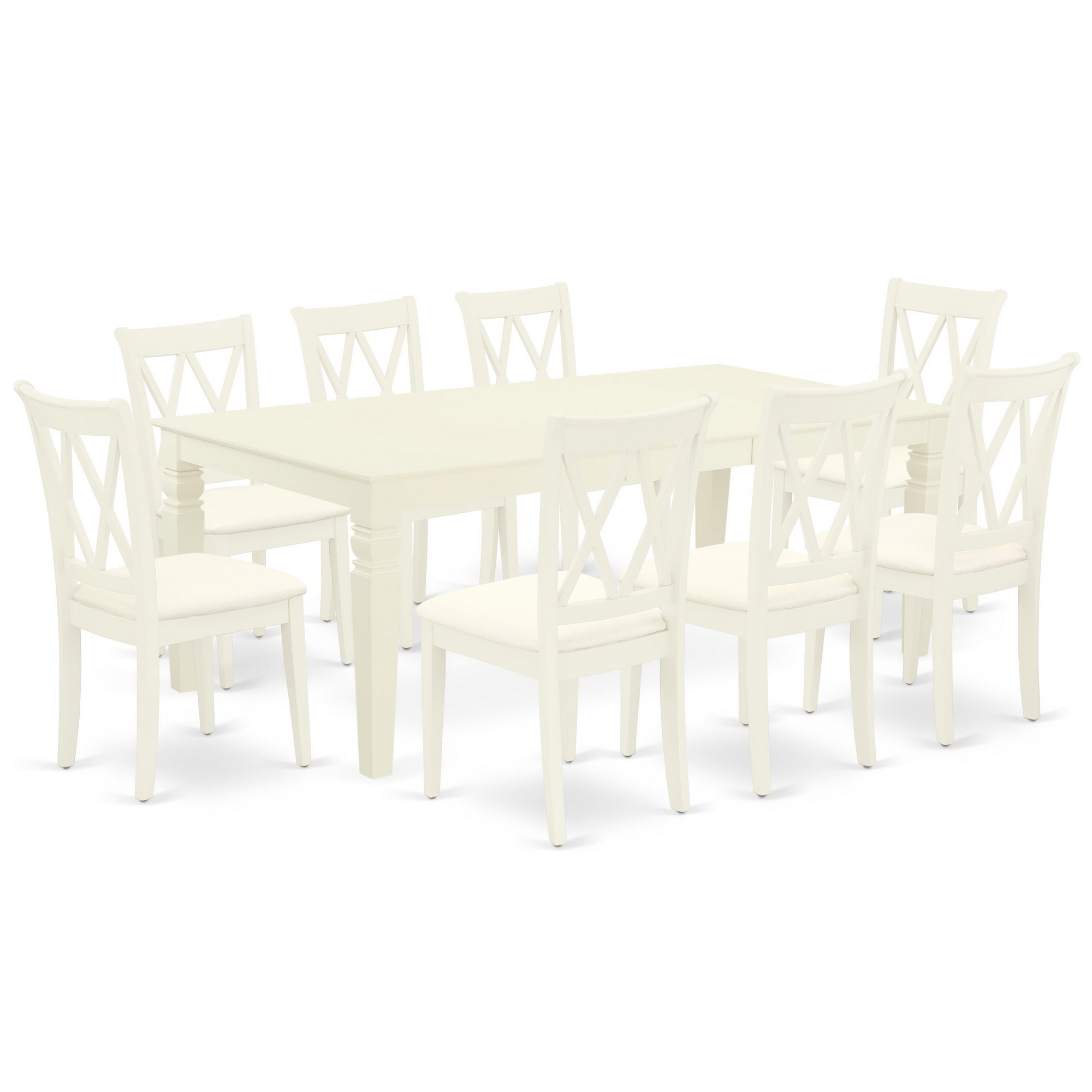 LGCL9-LWH-C 9Pc Dining Set Includes a Rectangle Dining Table with Butterfly Leaf and Eight Double X Back Microfiber Seat Kitchen Chairs, Linen White Finish
