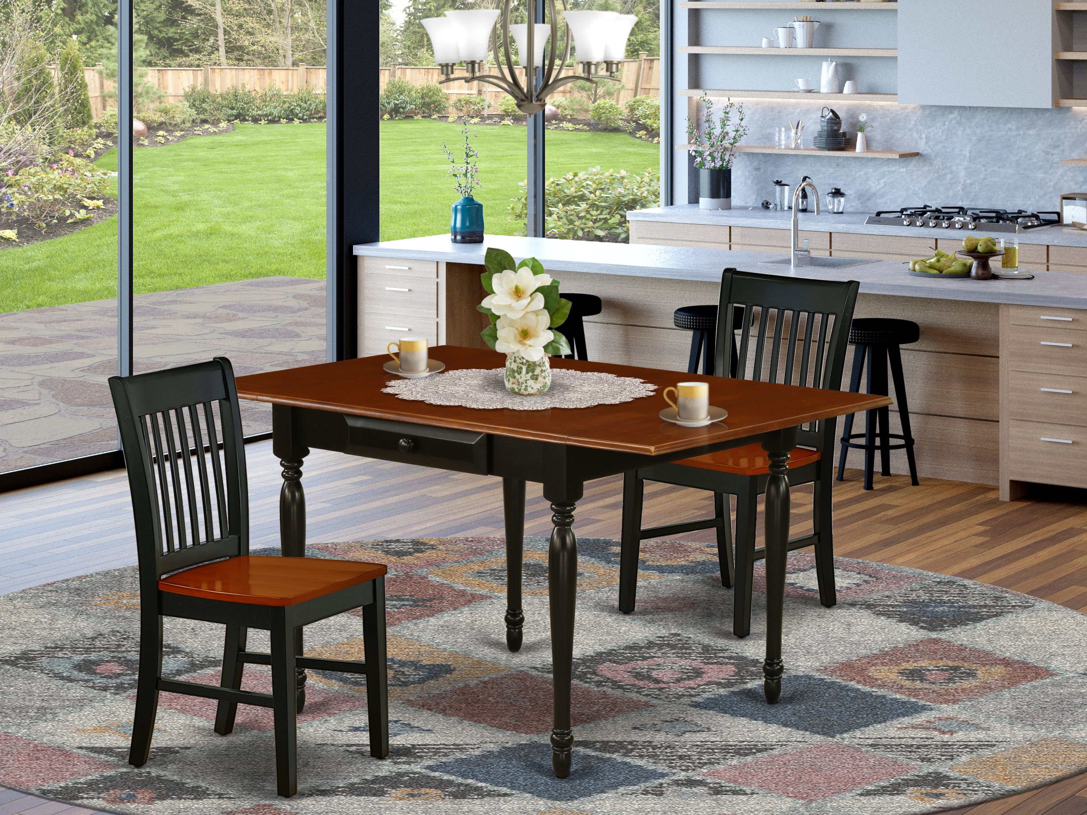 East West Furniture MZNO3-BCH-W 3 Pieces Kitchen Table set - Strong Two 9-Inch Drop Down Leaves Real Wood Kitchen Table and 2 Hardwood Seat Dining Chairs, Black and Cherry Finish