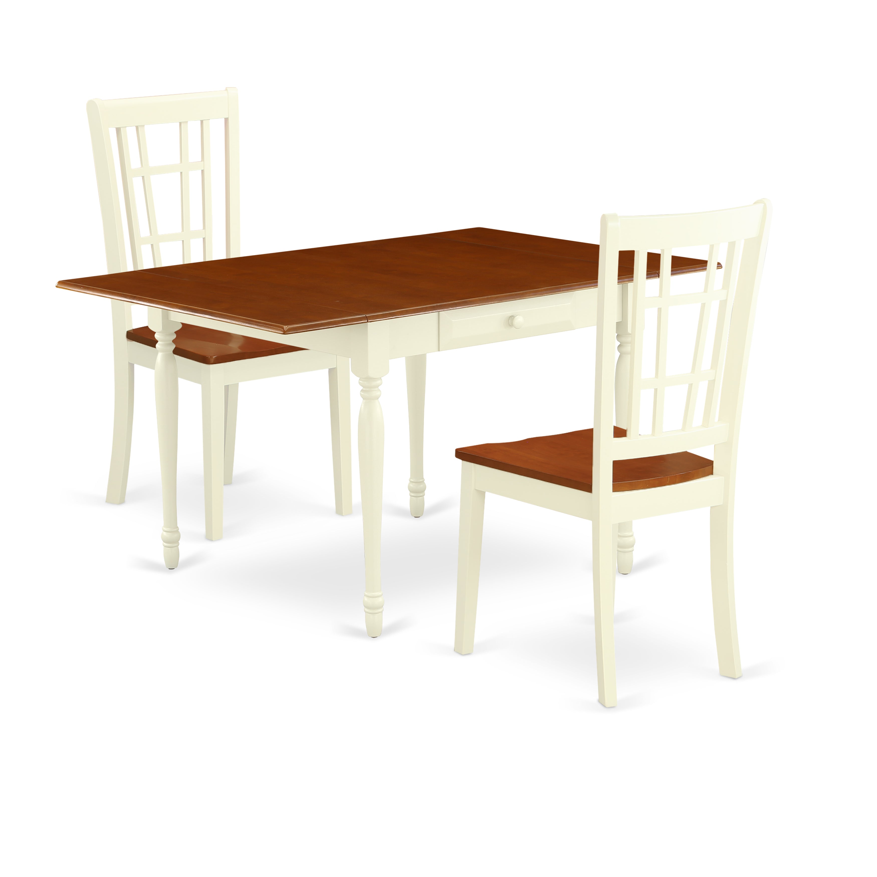 East West Furniture MZNI3-WHI-W 3 Pieces Wooden Dining Table set - Heavy Duty Two 9-Inch Drop Down Leaves Hardwood Kitchen Table and 2 Solid Wood Seat Dining Room Chairs, Buttermilk and Cherry Finish