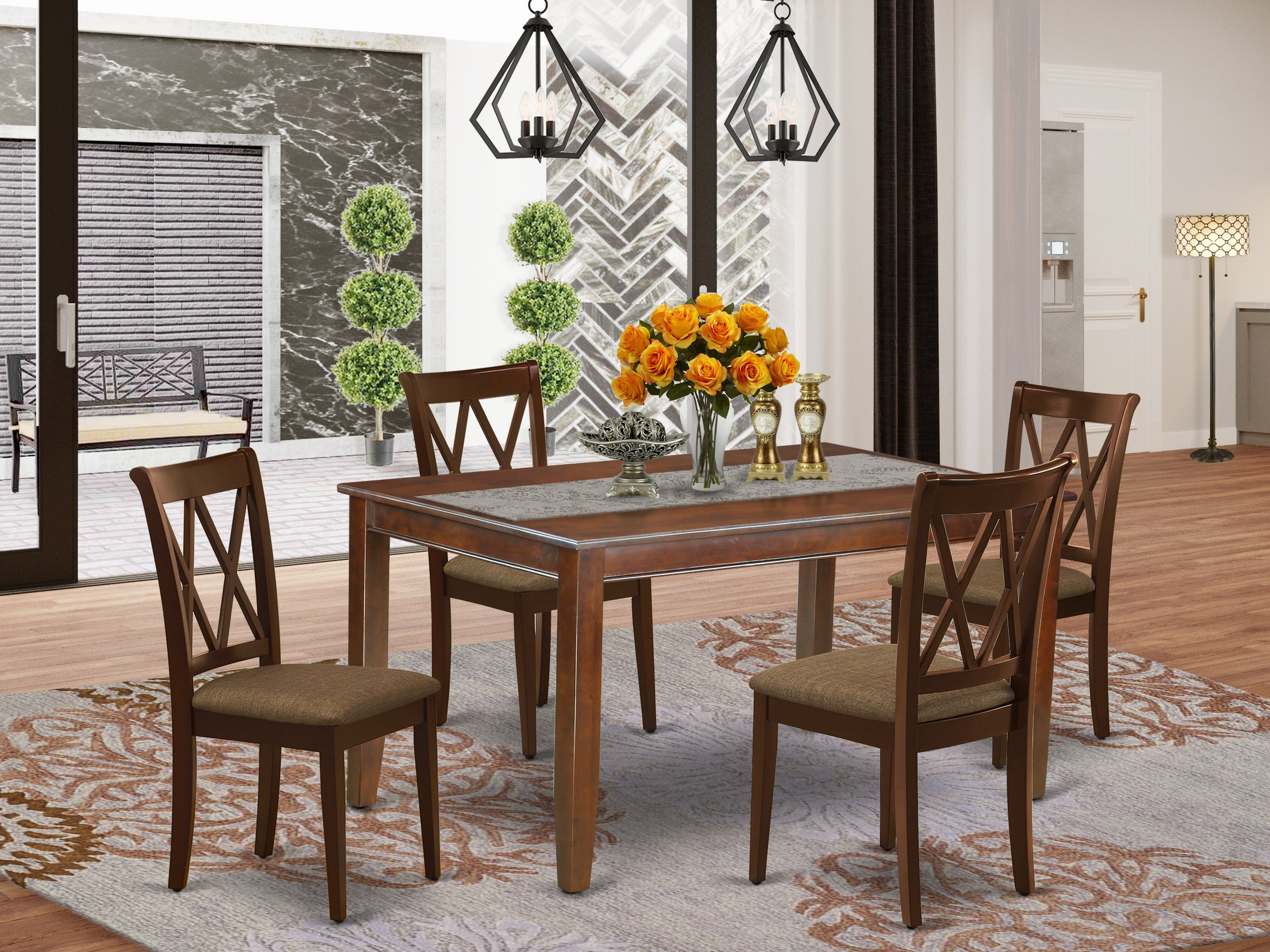 DUCL5-MAH-C 5Pc Dining Set Includes a Rectangle Dining Table and Four Double X Back Microfiber Seat Kitchen Chairs, Mahogany Finish