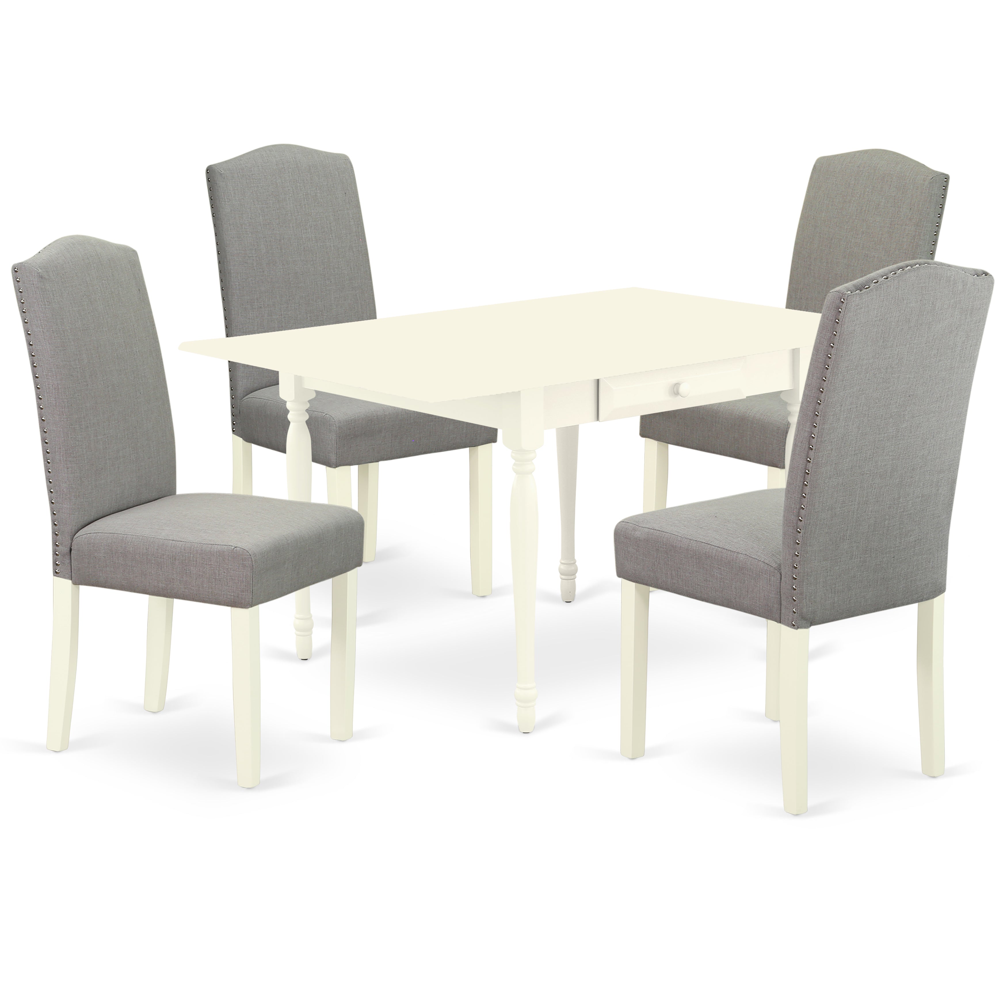East West Furniture MZEN5-LWH-06 5Pc Modern Dining Table Set Contains a Wood Dining Table and 4 Parsons Chairs with Shitake Color Linen Fabric, Drop Leaf Table with Full Back Chairs, Linen White Finish