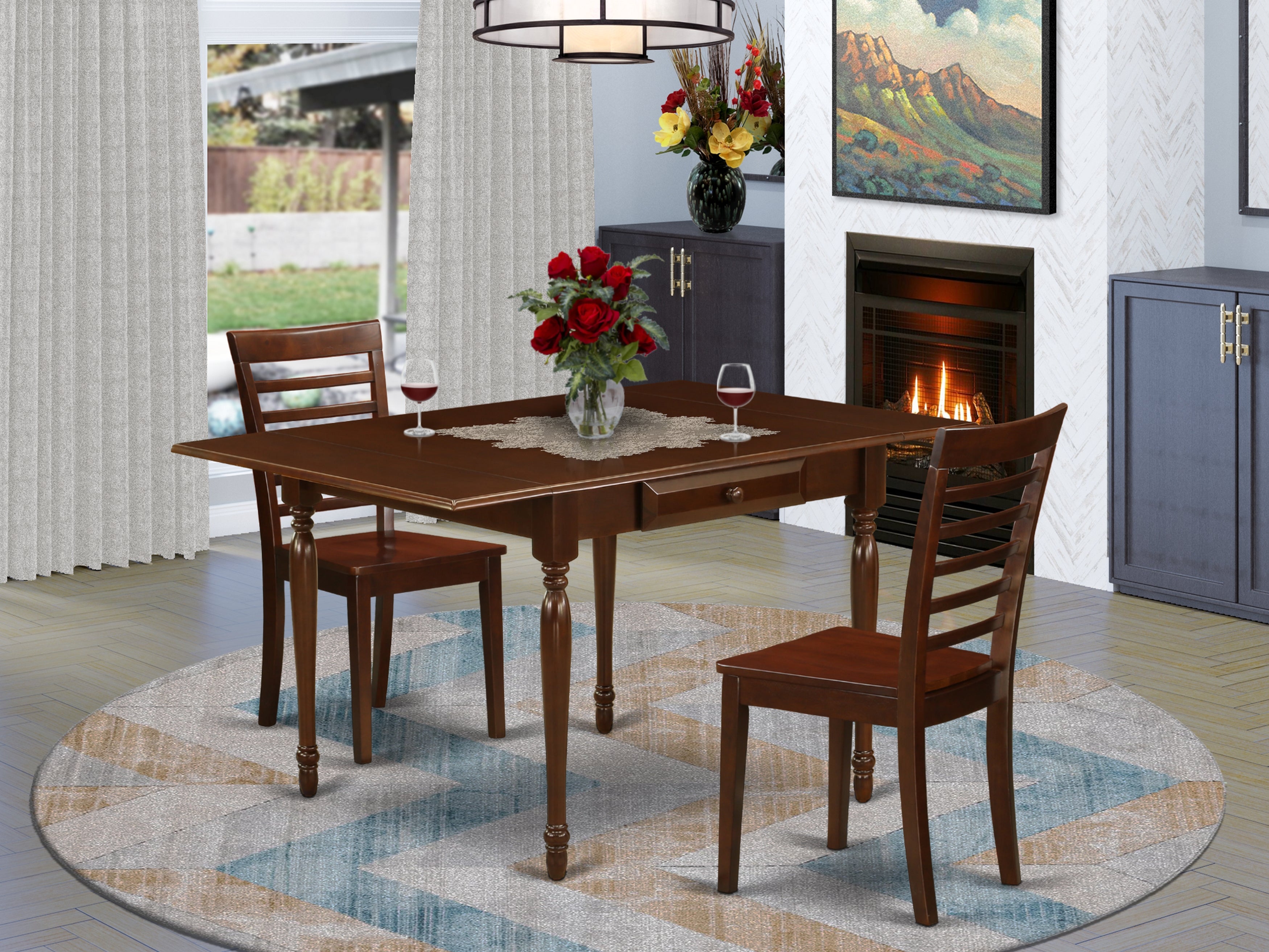 East West Furniture MZML3-MAH-W 3 Pieces Dining Room Table set - Strong Two 9-Inch Drop Down Leaves Solid Wood Table and 2 Solid Wood Seat Dining Dining Chairs, Mahogany Finish