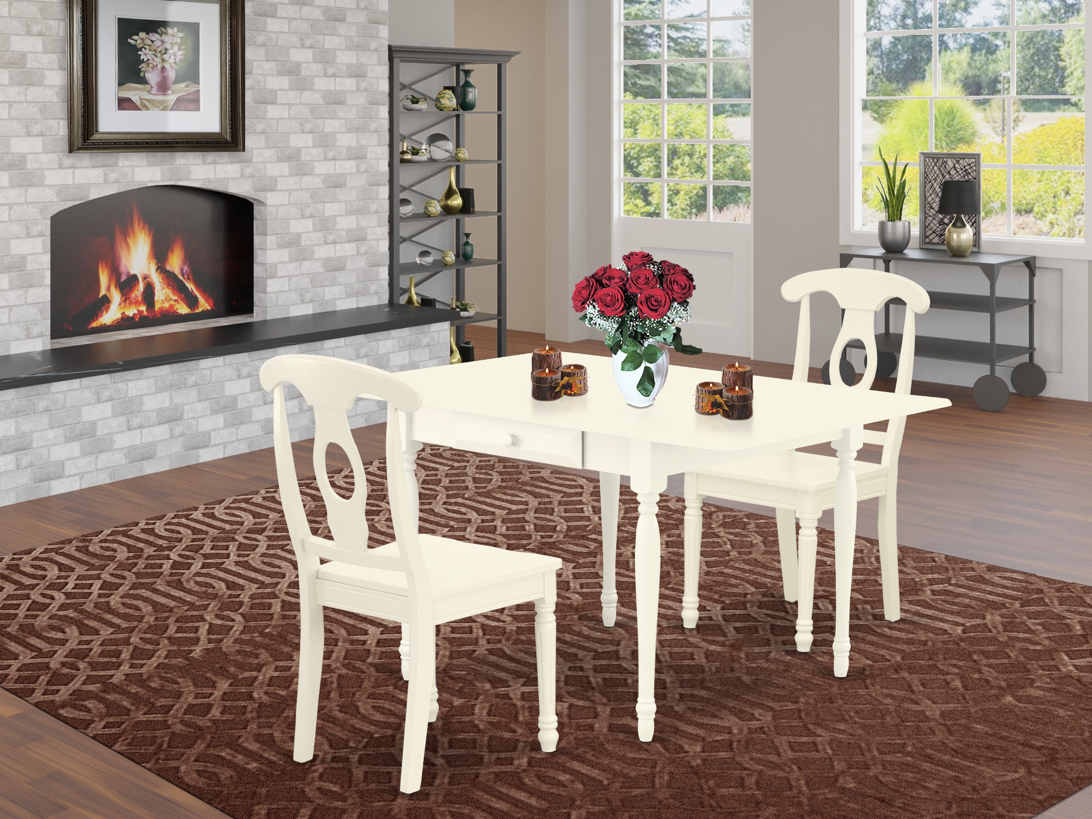 East West Furniture MZKE3-LWH-W 3 Pieces Modern Dining Table set - Strong Drop Leaf Hardwood Wood Kitchen Table and 2 Wooden Seat Wooden Chairs, Linen White Finish
