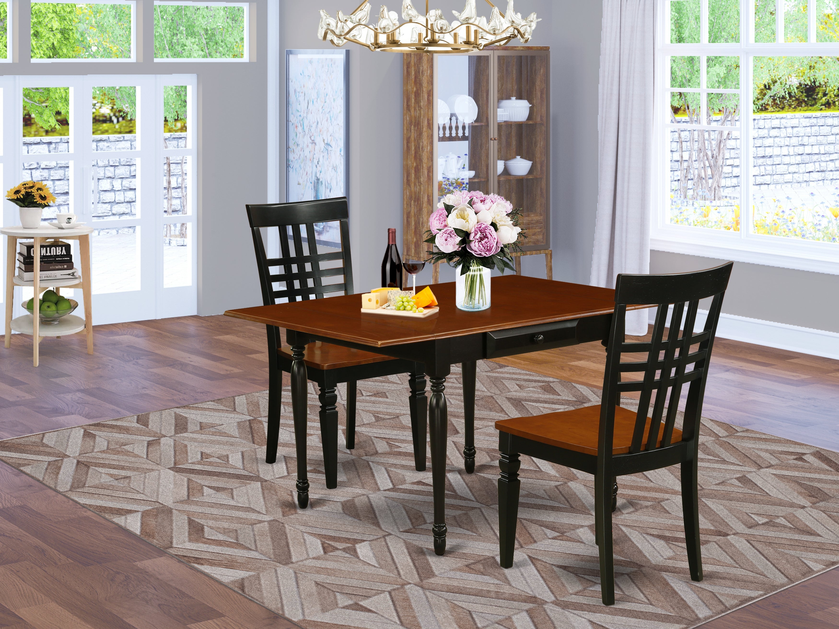 East West Furniture MZLG3-BCH-W 3 Pieces Dining Room Table set - Heavy Two 9-Inch Drop Down Leaves Real Wood Kitchen Table and 2 Solid Wood Seat Dining Chairs, Black and Cherry Finish