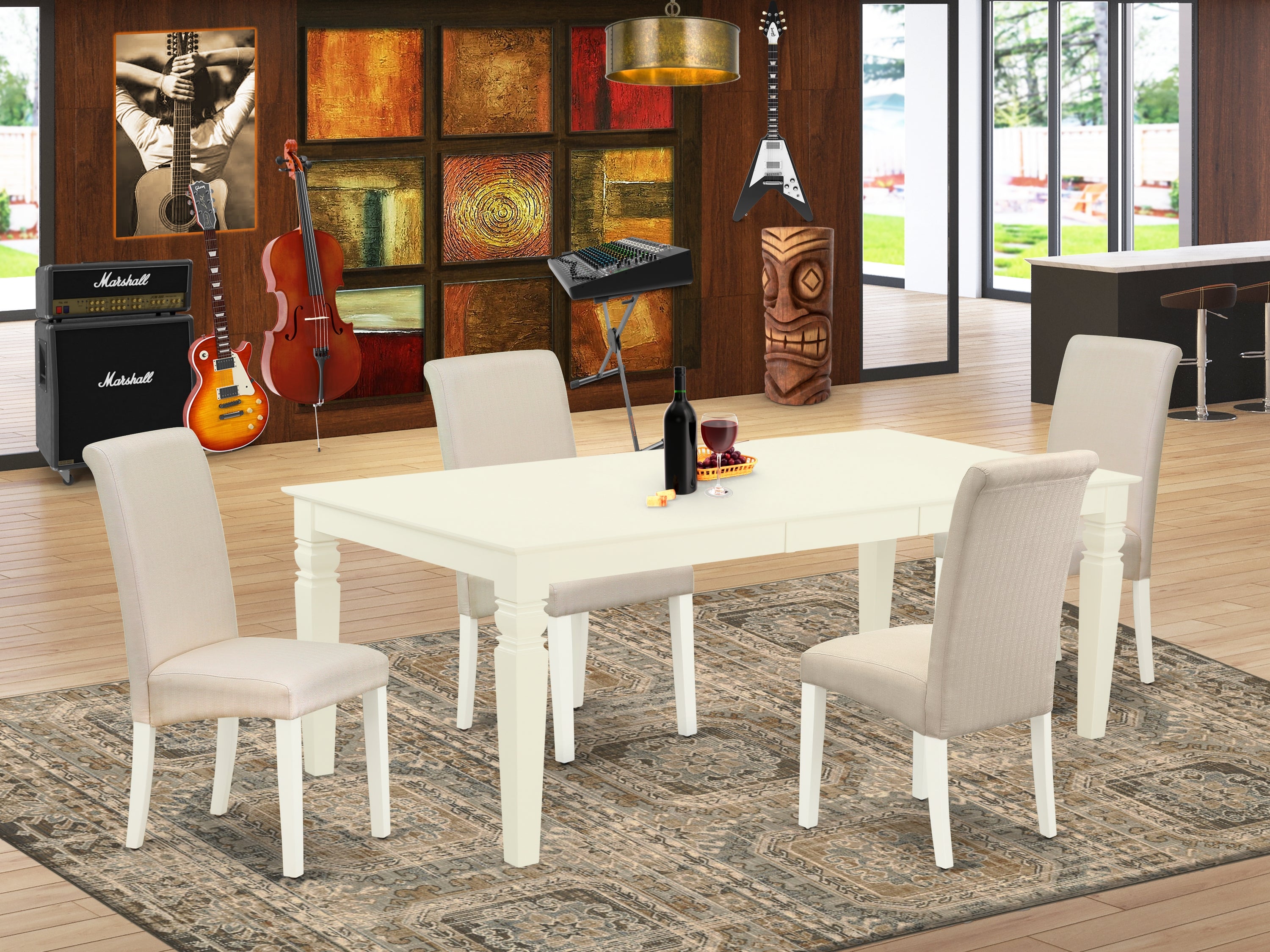 LGBA5-LWH-01 5Pc Dining Set Includes a Rectangle Dining Table with Butterfly Leaf and Four Parson Chairs with Cream Fabric, Linen White Finish