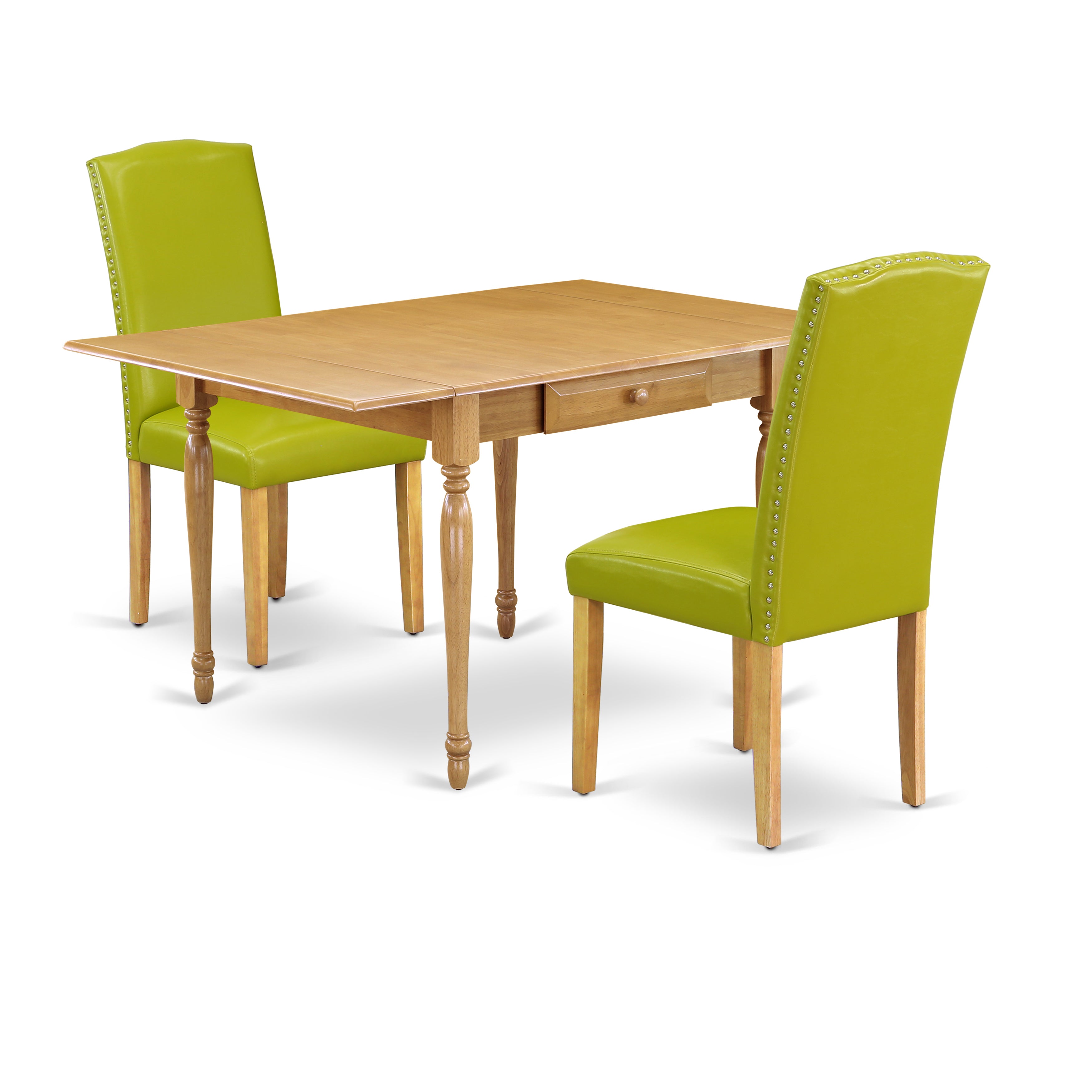 East West Furniture MZEN3-OAK-51 3Pc Wood Dining Table Set Includes a Rectangular Table and 2 Parsons Dining Chairs with Autumn Green Color PU Leather, Drop Leaf Table with Full Back Chairs, Oak Finish