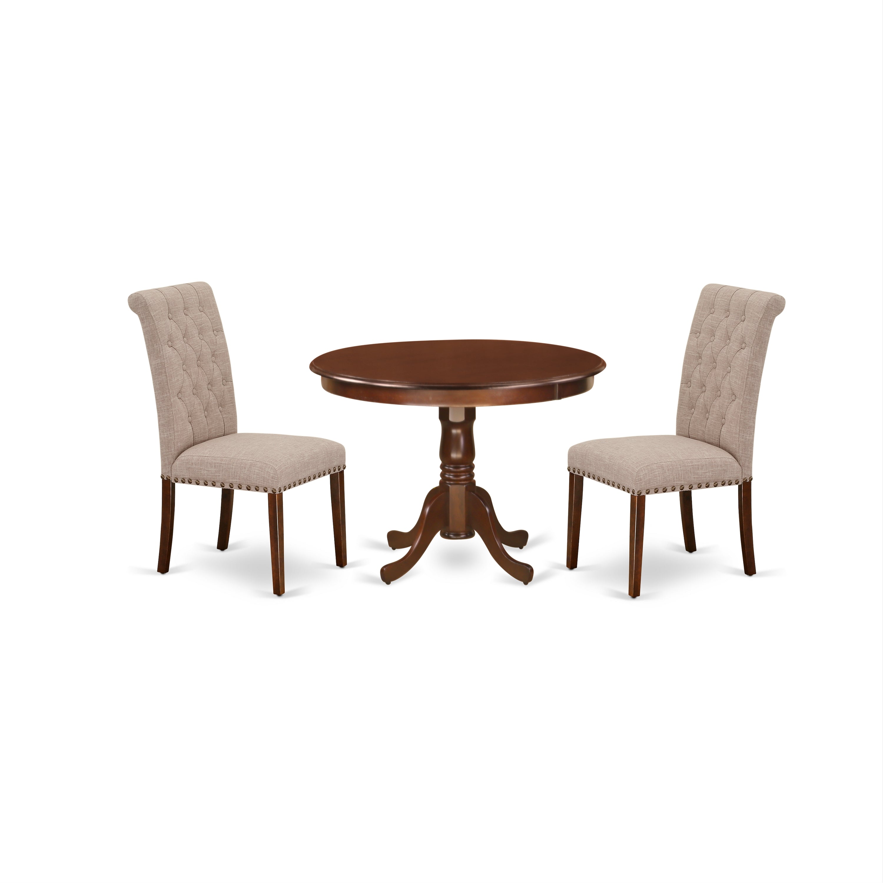 HLBR3-MAH-04 3Pc Dinette Set Includes a Rounded Kitchen Table and Two Parson Chairs with Light Fawn Fabric, Mahogany Finish
