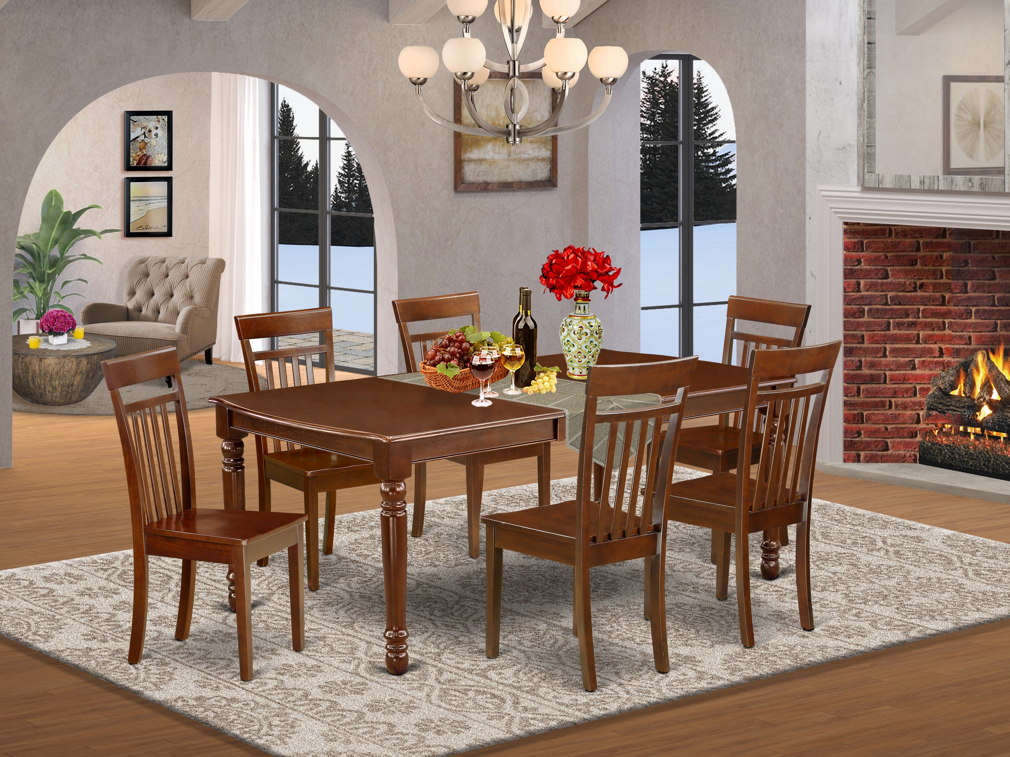 DOCA7-MAH-W 7Pc Rectangle 60/78" Dining Room Table With 18 In Self Storing Butterfly Leaf And 6 Wood Seat Chairs