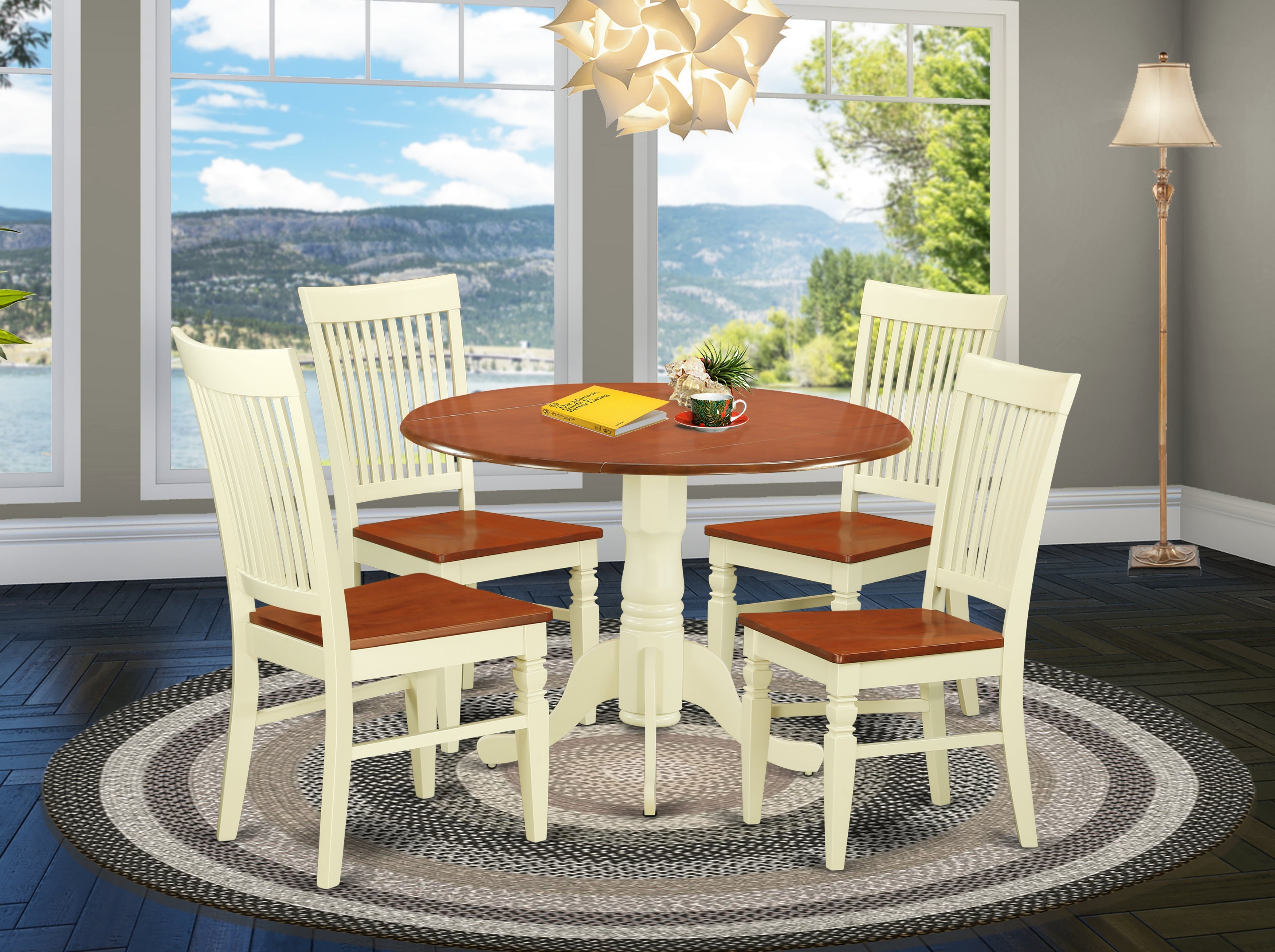 DLWE5-BMK-W 5 Pc Dining set with a Kitchen Table and 4 Wood Seat Dining Chairs in Buttermilk and Cherry