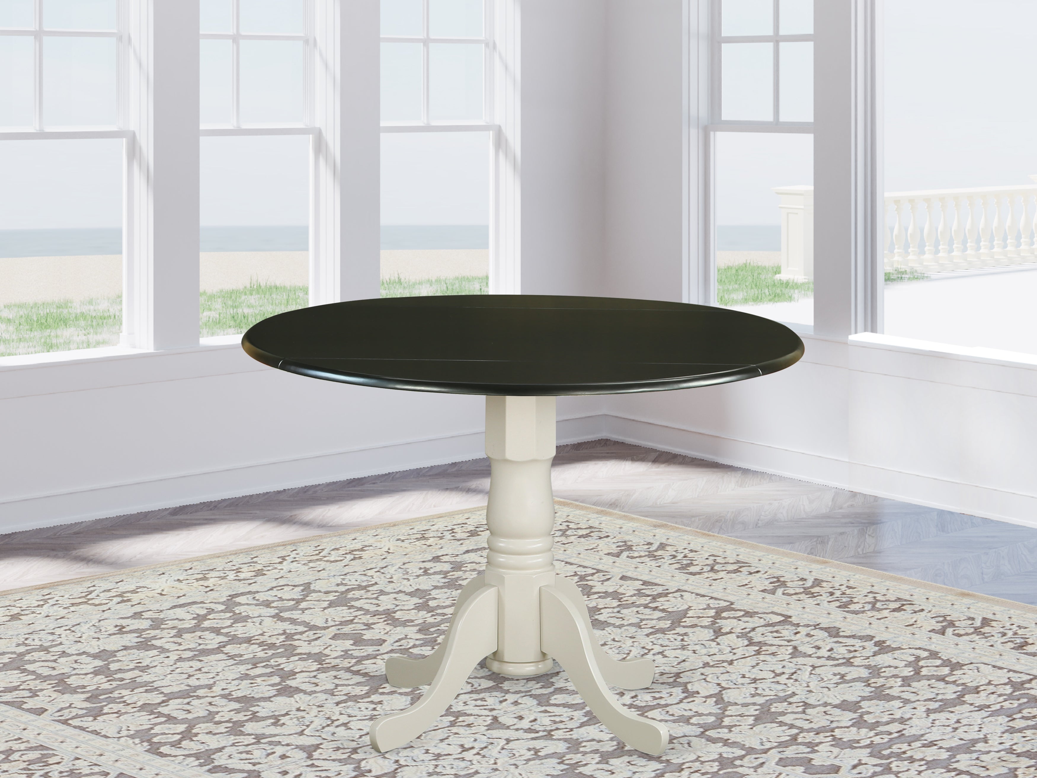DLT-BLW-TP Dublin Round Table with two 9" Drop Leaves - Black and Linen White Finish