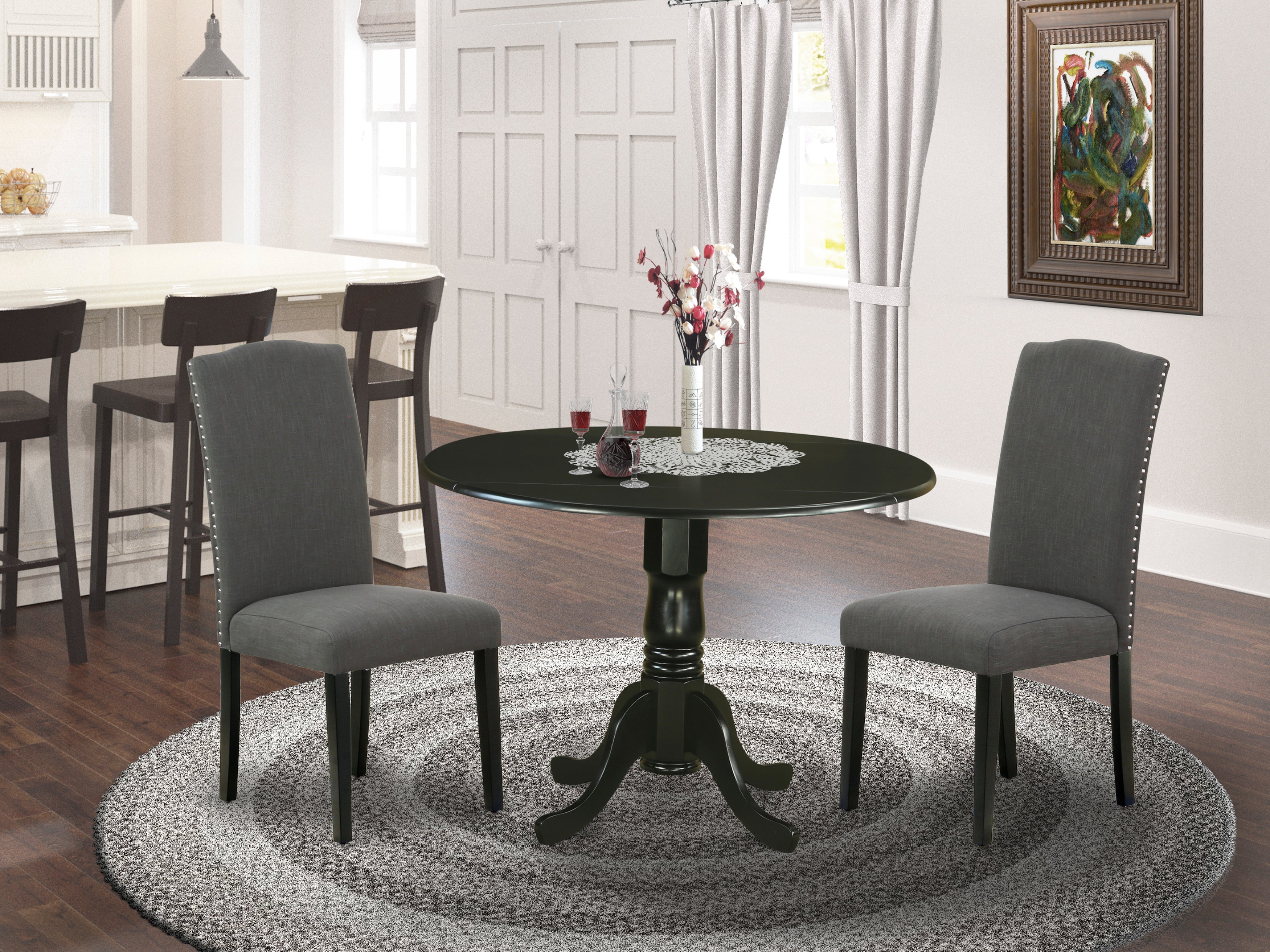 DLEN3-BLK-20 3Pc Round 42 Inch Dining Table With Two 9-Inch Drop Leaves And Two Parson Chair With Black Leg And Linen Fabric Dark Gotham Grey
