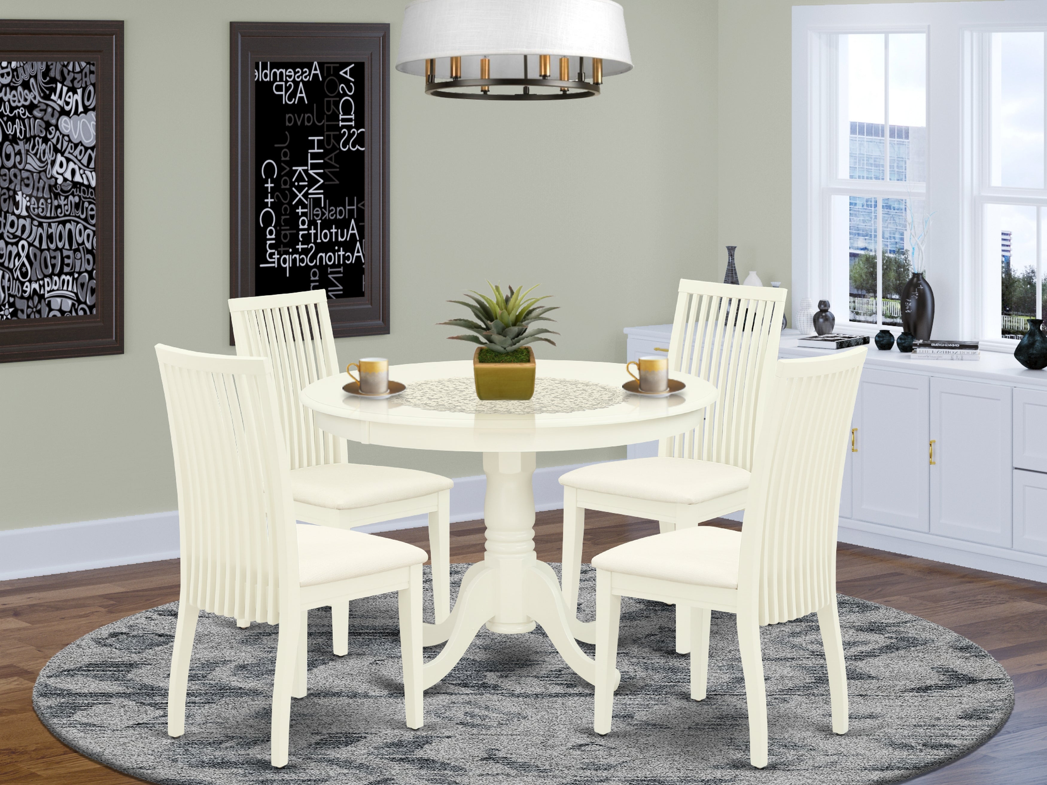 HLIP5-LWH-C 5Pc Dining Set Includes a Round Dinette Table and Four Microfiber Seat Dining Chairs, Linen White Finish