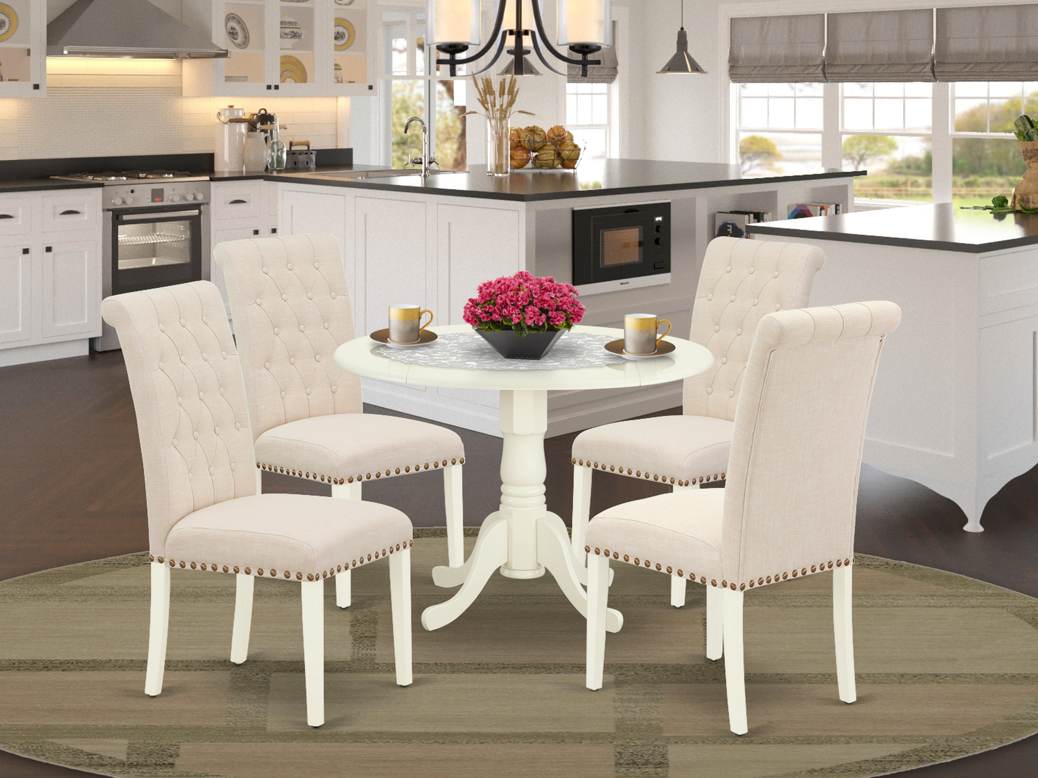 DLBR5-WHI-02 5Pc Dining Set Includes a Small Round Dinette Table with Drop Leaves and Four Parson Chairs with Light Beige Fabric, White Finish