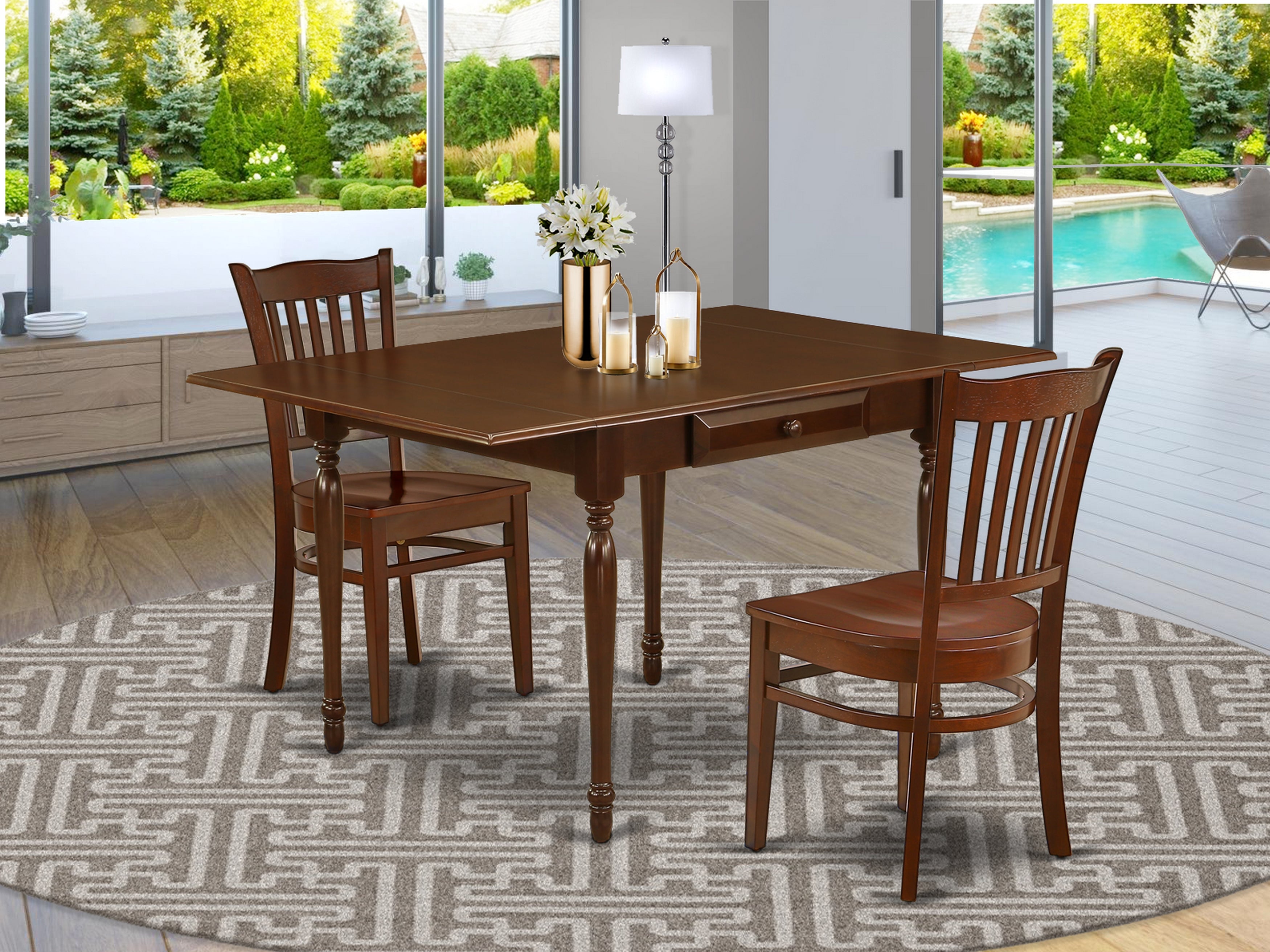 East West Furniture MZGR3-MAH-W 3 Pieces Dining Room Table set - Durable Drop Leaf Hardwood Dining Table and 2 Hardwood Seat Kitchen Chairs, Mahogany Finish