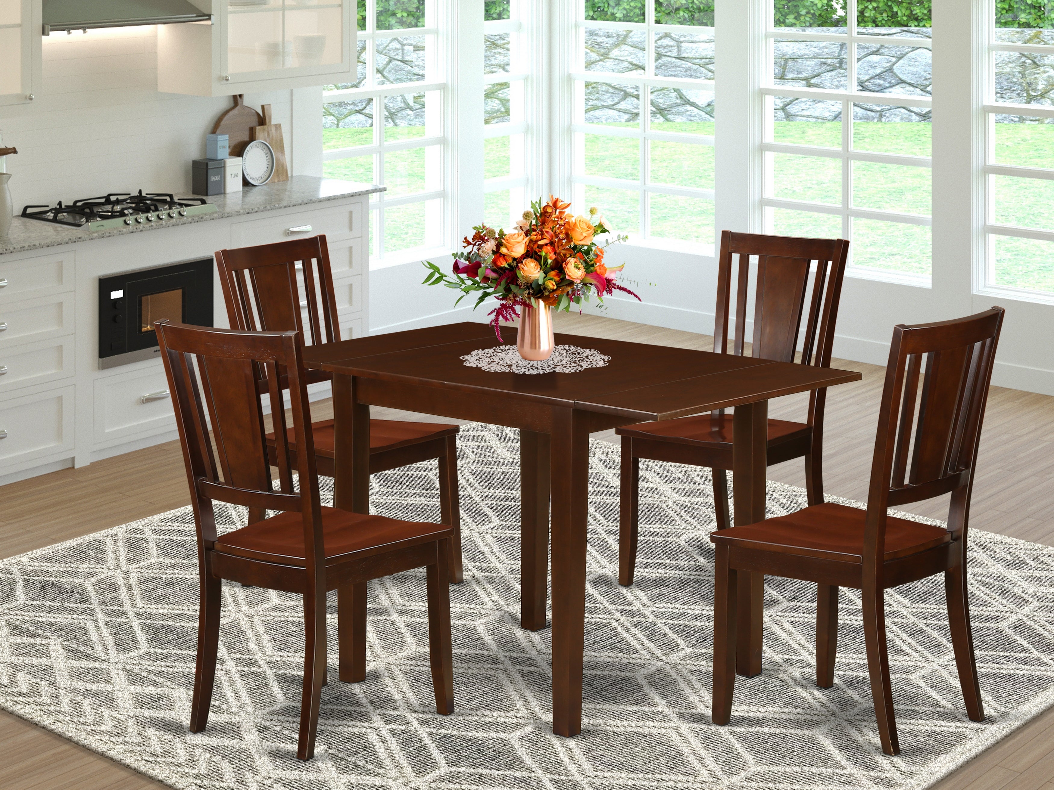 East West Furniture NDDU5-MAH-W Dining Table Set 5 Pcs- 4 Brilliant Dining Room Chairs and an Elegant Dining Room Table - Mahogany Finish Solid wood Chair Seat and Table Top - Mahogany Finish Wooden Structure.