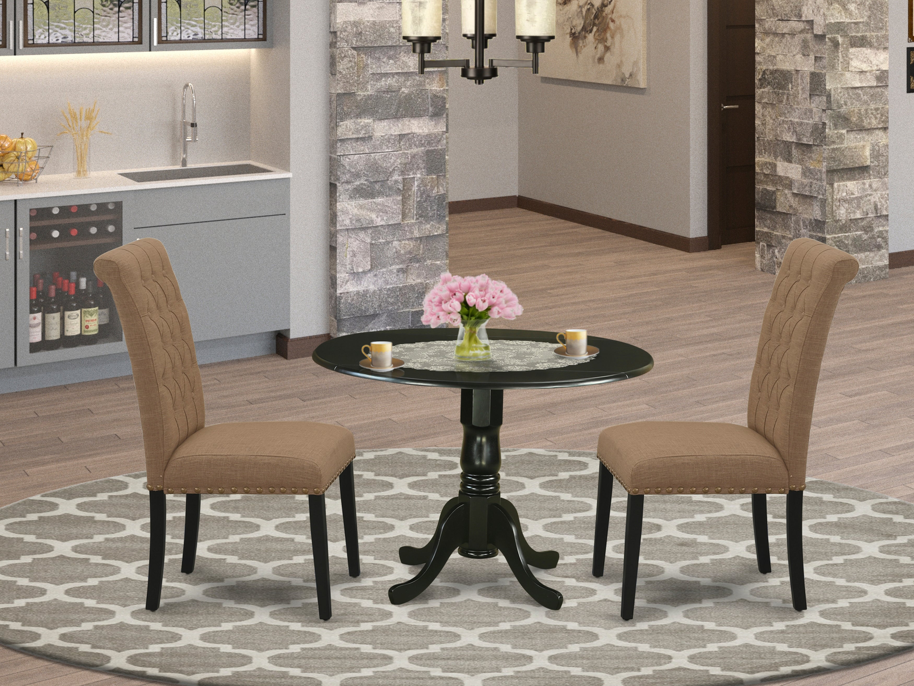 DLBR3-BLK-17 3Pc Dinette Set Includes a Small Rounded Kitchen Table with Drop Leaves and Two Parson Chairs with Light Sable Fabric, Black Finish