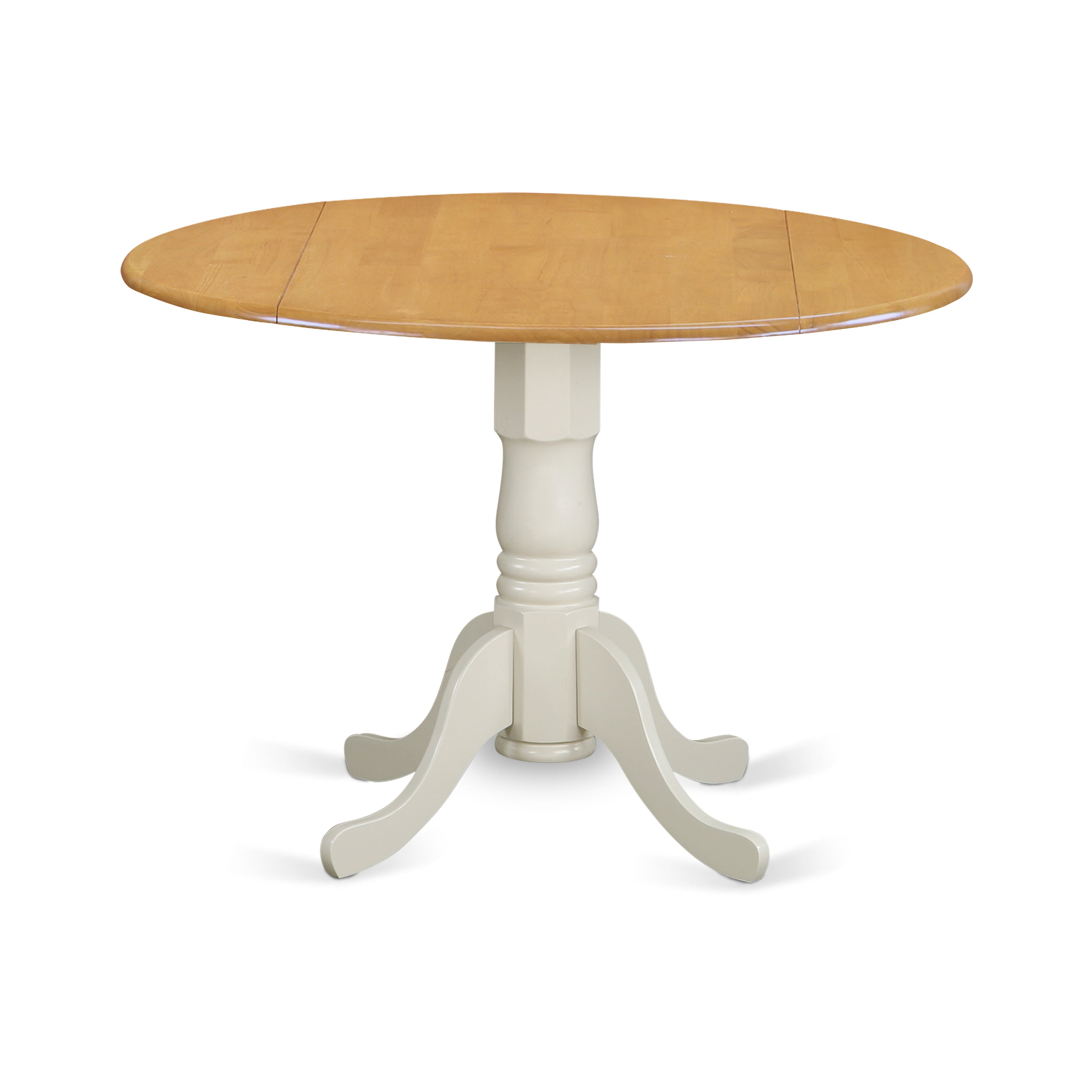 DLT-OLW-TP Dublin Round Table with two 9" Drop Leaves in Oak and Linen White Finish