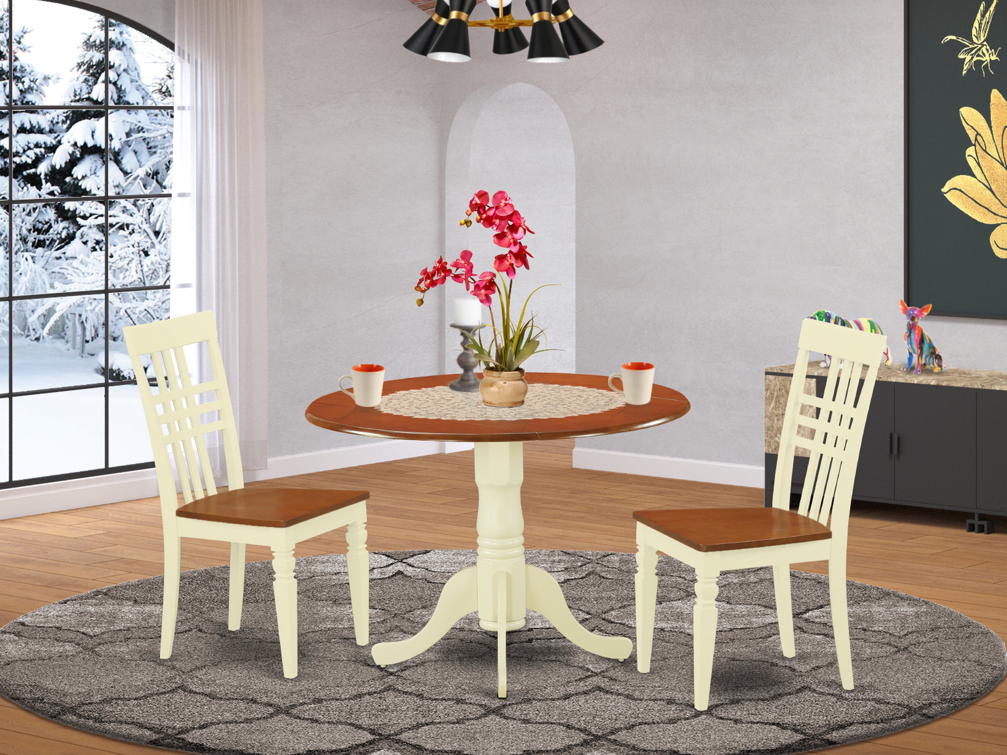 DLLG3-BMK-W 3 Pc Dinette Table set with a Table and 2 Dining Chairs in Buttermilk and Cherry