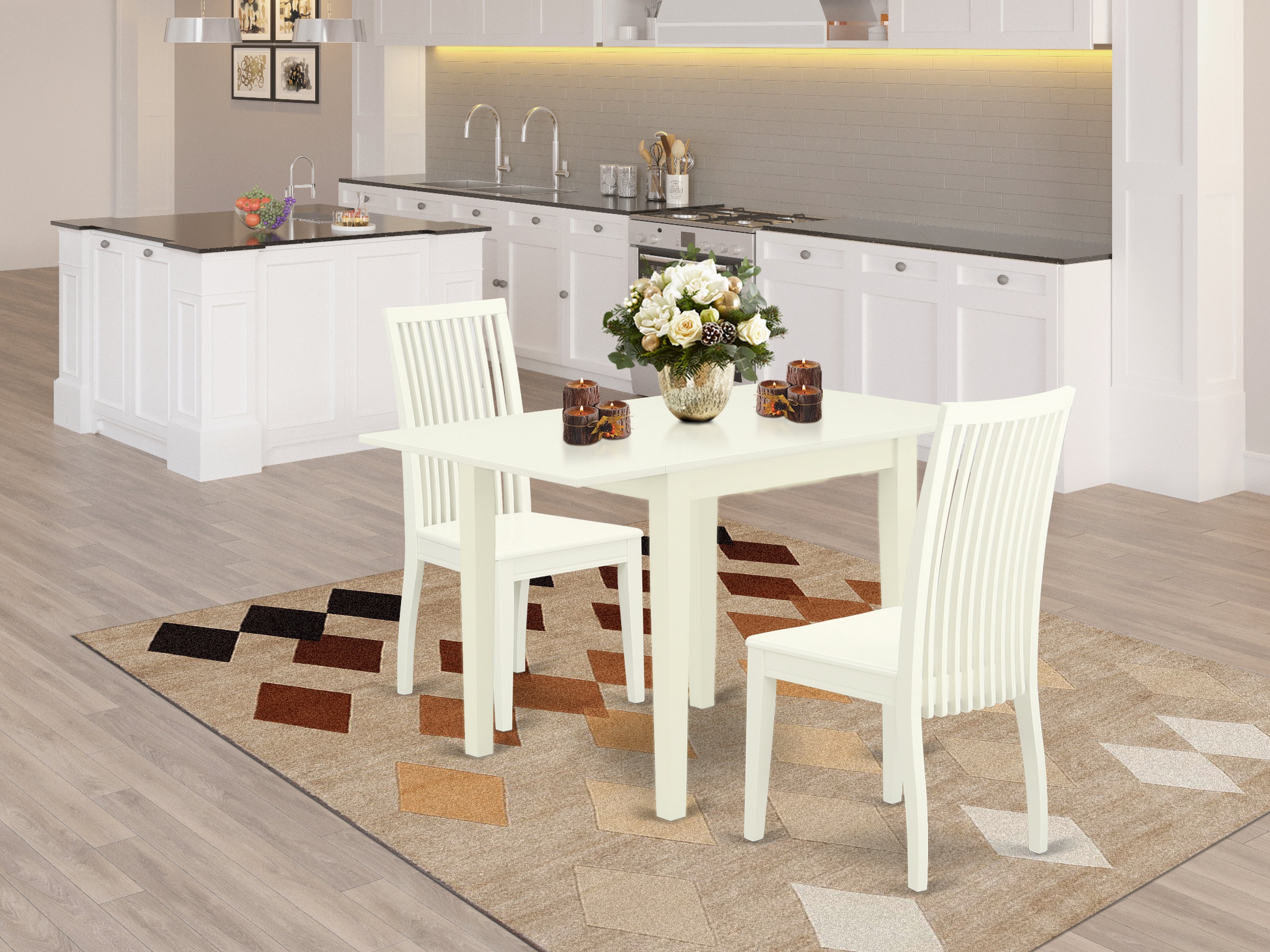 East West Furniture NDIP3-LWH-W 3Pc Kitchen Set Consists of a Wood Dining Table and 2 Dining Room Chair with Solid Wood Seat and Slat Back, Linen White Finish