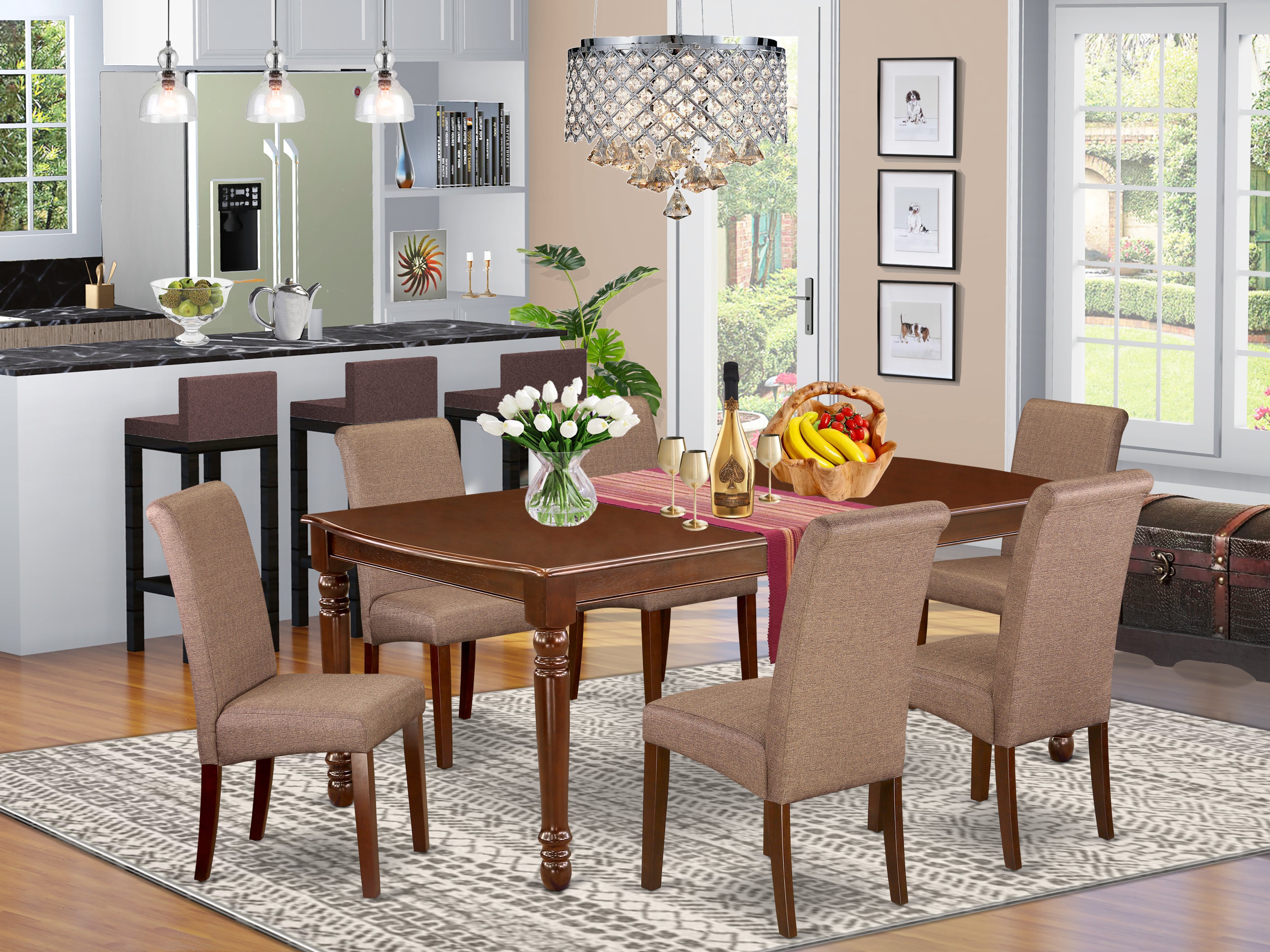 DOBA7-MAH-18 7Pc Kitchen table with linen brown fabric kitchen chairs with mahogany chair legs
