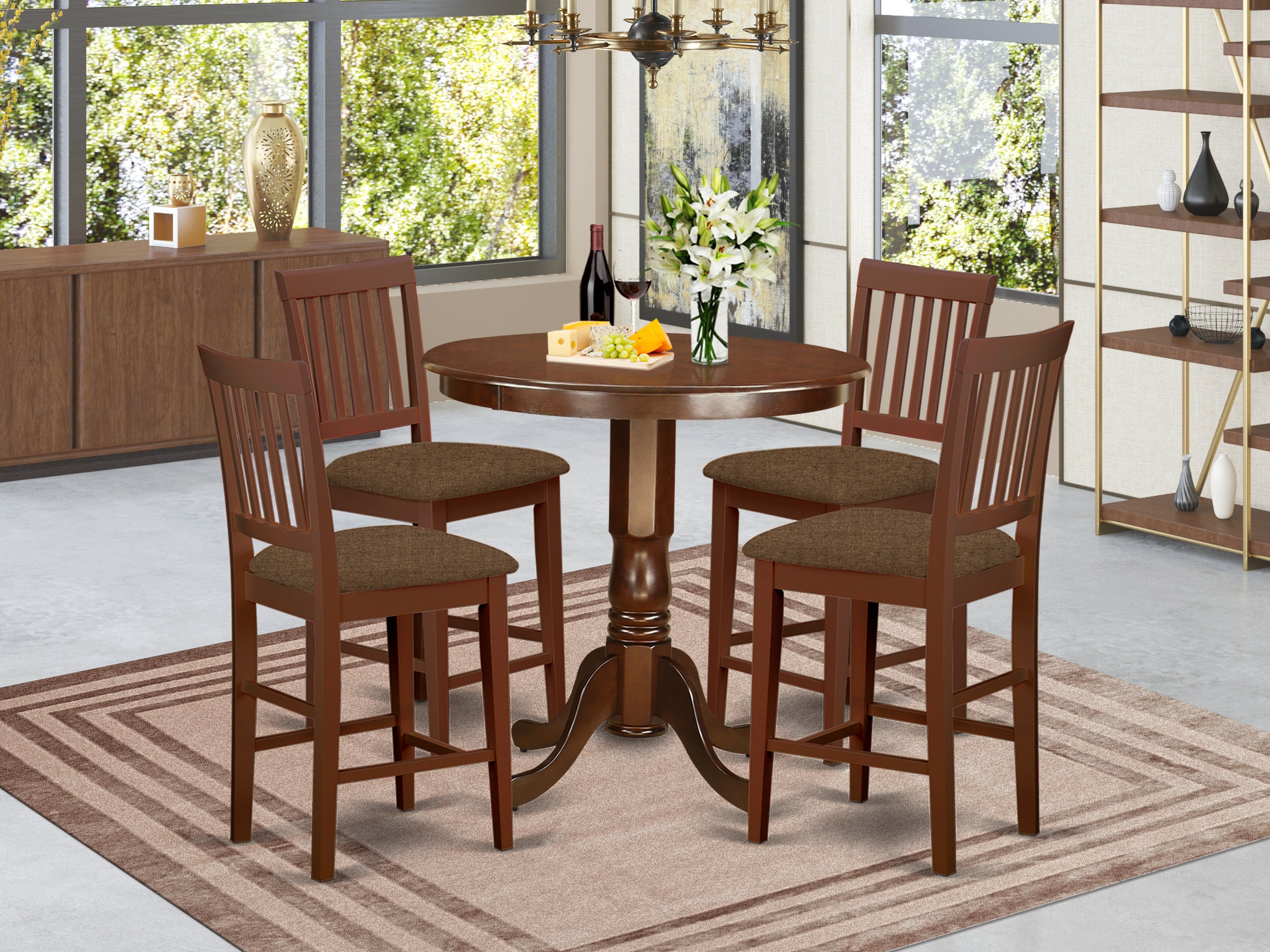 JAVN5-MAH-C 5 Pc pub Table set - counter height Table and 4 Dining Chairs.
