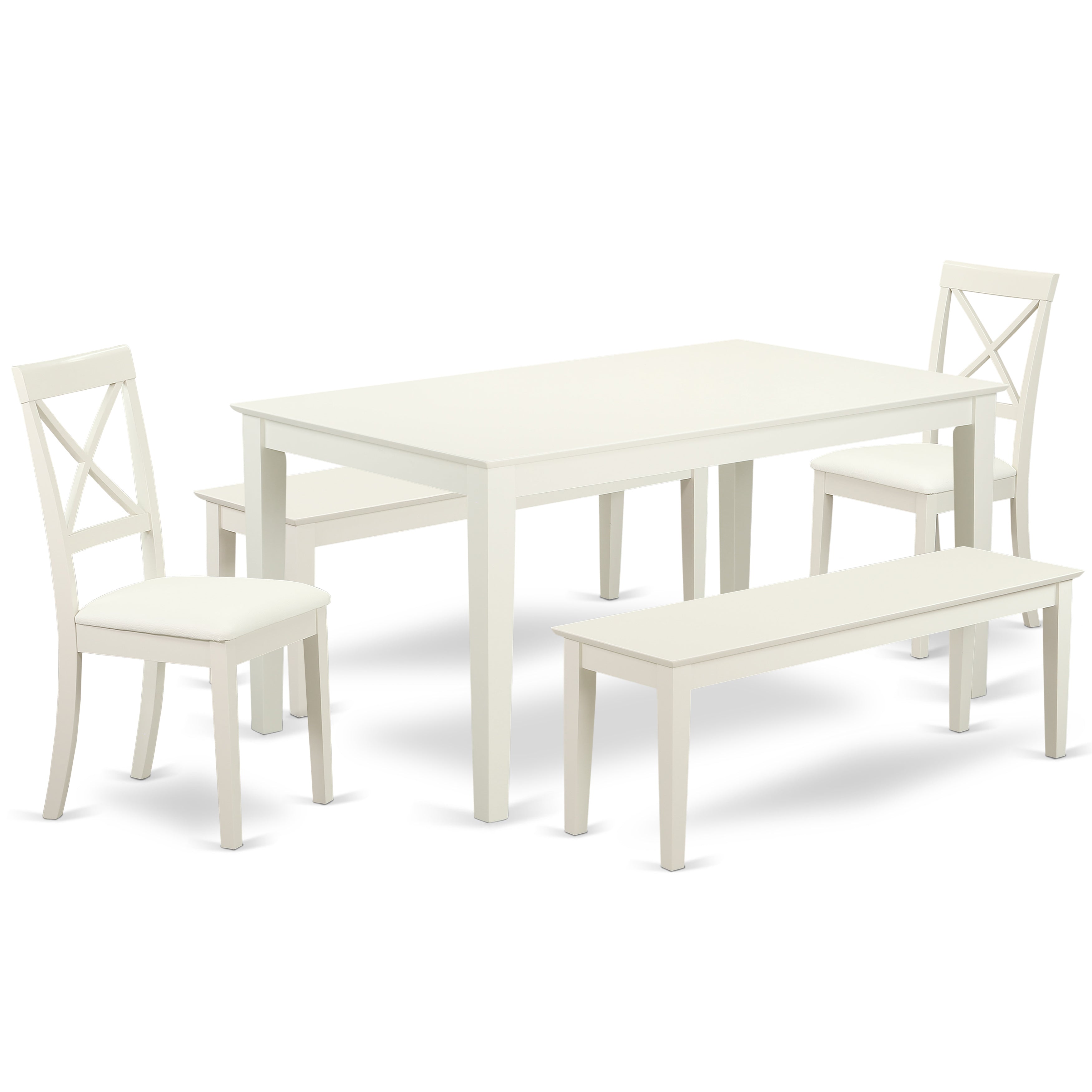 CABO5C-LWH-LC 5 Piece dining table set for 6-Dining room table and 2 Faux Leather Chairs and 2 Benches in Linen White