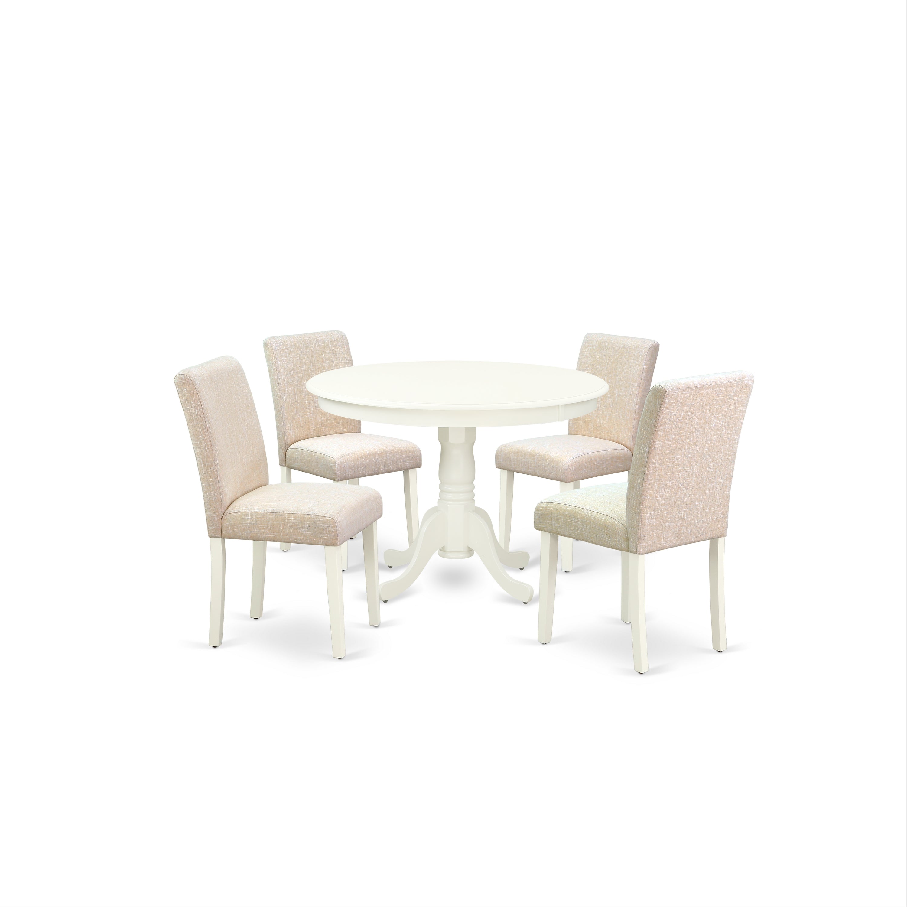 HLAB5-LWH-02 5Pc Round 42 Inch Dinette Table And Four Parson Chair With Linen White Leg And Linen Fabric Light Beige