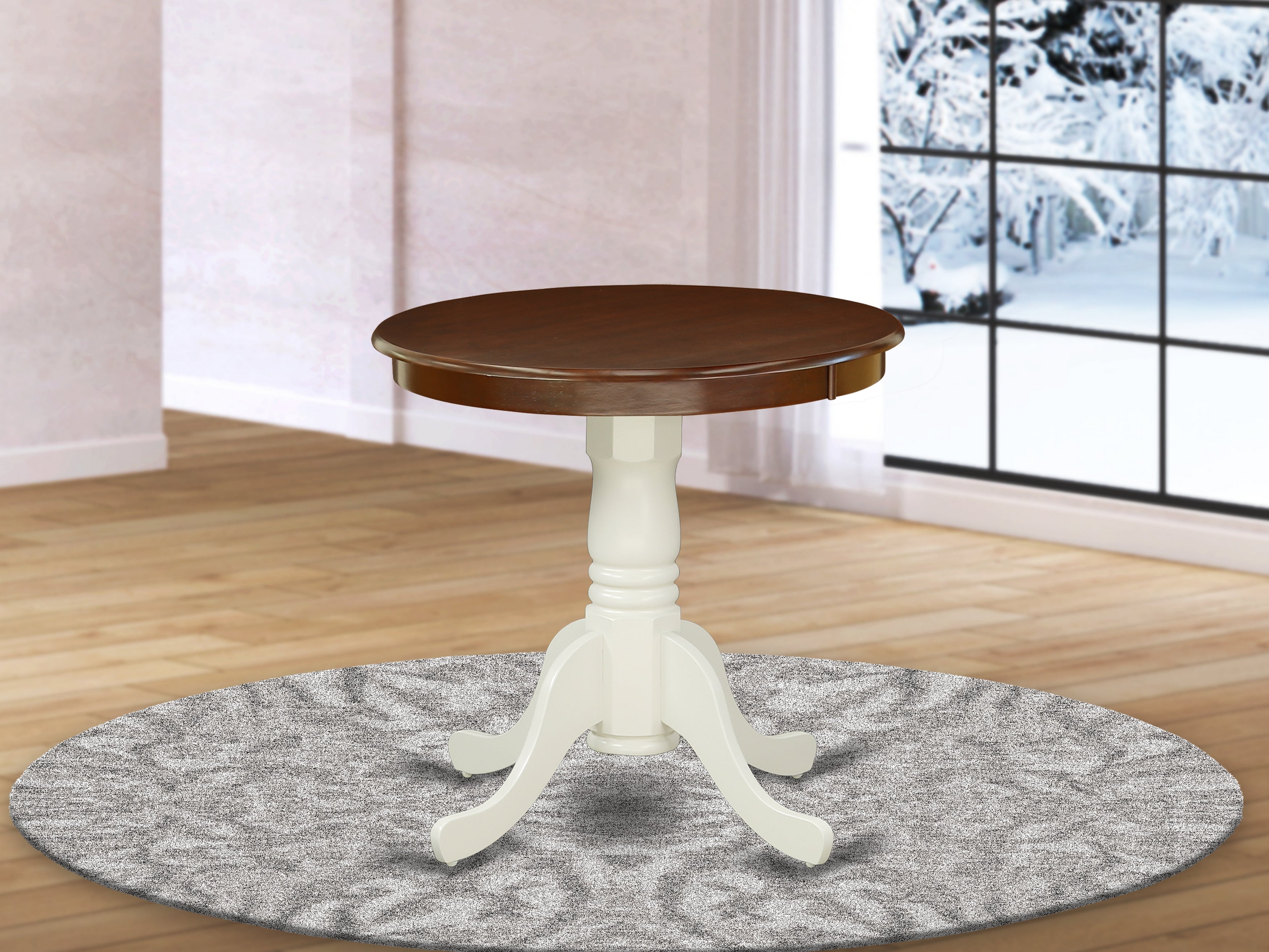EMT-MLW-TP Edan Dining Table Made of Rubber Wood offering Walnut Finish Table Top, 30 Inch Round, Linen White Finish Pedestal