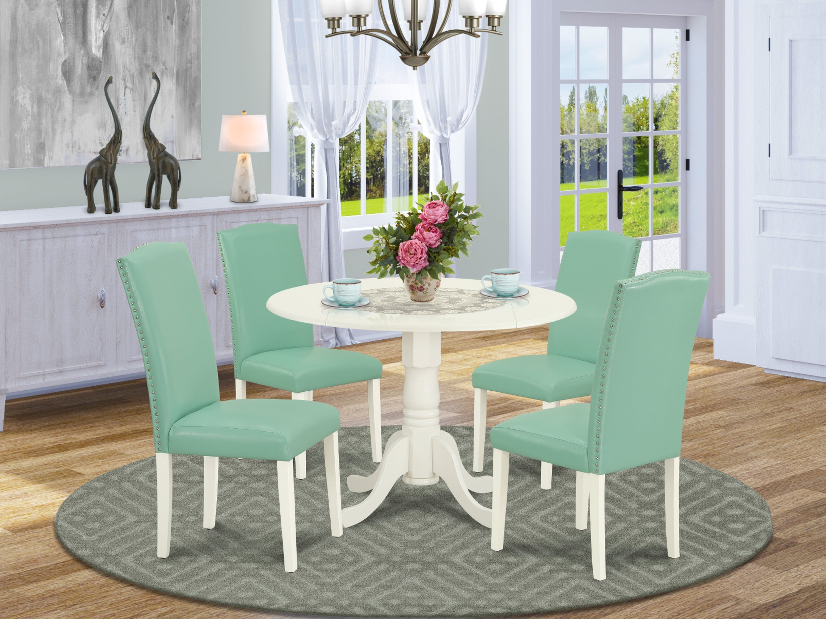 DLEN5-LWH-57 5Pc Round 42" Kitchen Table With Two 9-Inch Drop Leaves And Four Parson Chair With Linen White Leg And Pu Leather Color Pond