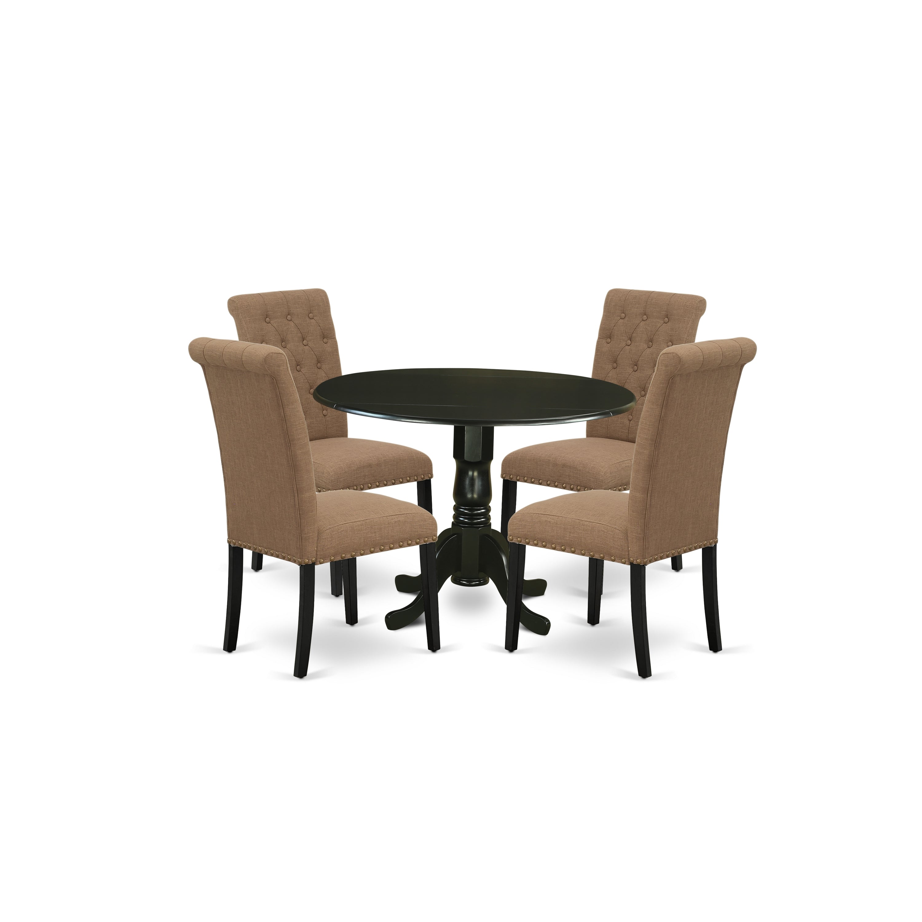 DLBR5-BLK-17 5Pc Dining Set Includes a Small Round Dinette Table with Drop Leaves and Four Parson Chairs with Light Sable Fabric, Black Finish