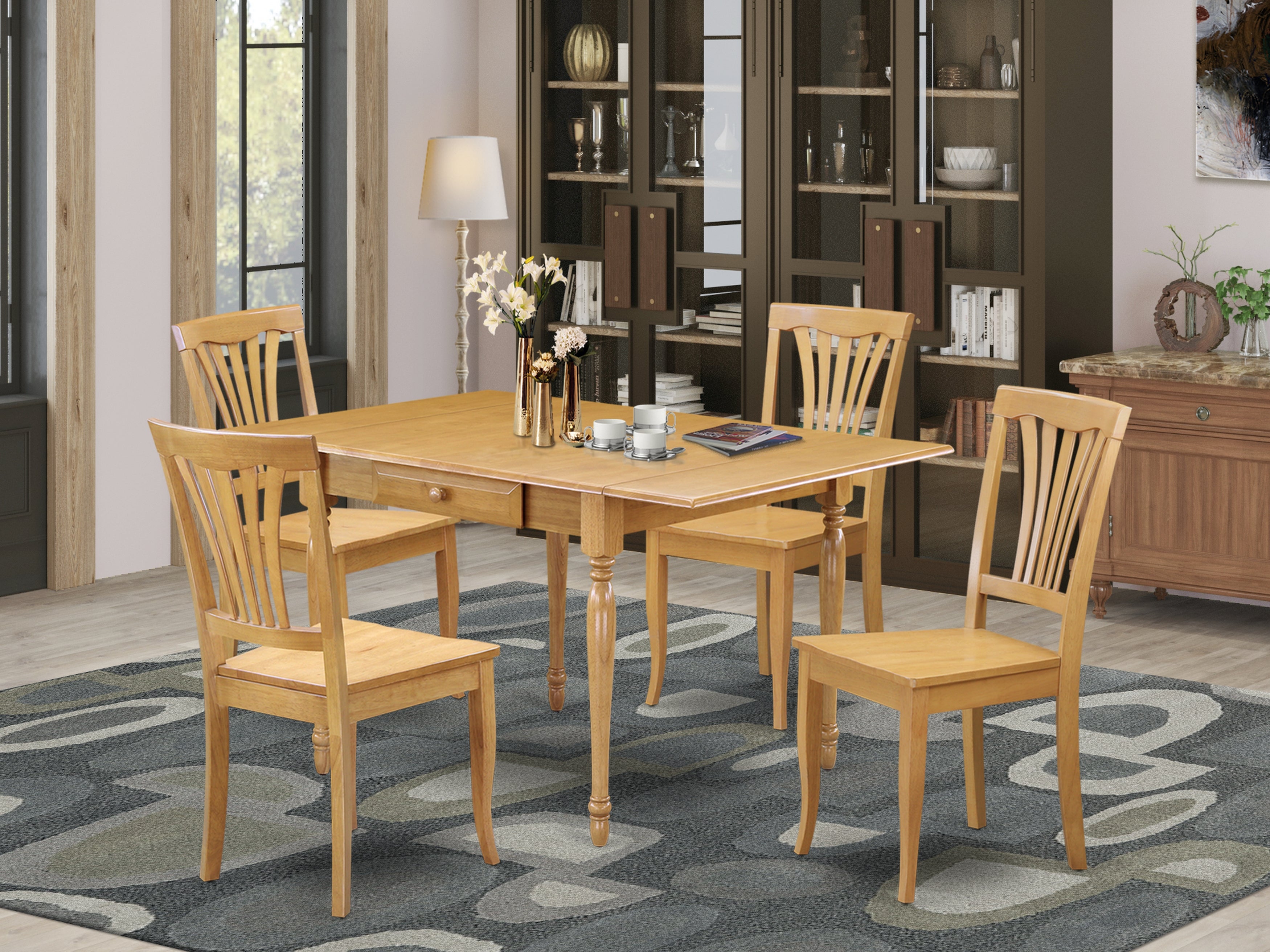 East West Furniture MZAV5-OAK-W 5Pc Modern Dining Table Set Offers a Small Dining Table and 4 Dining Room Chairs with Solid Wood Seat, Drop Leaf Table with Slat Back Chairs, Oak Finish