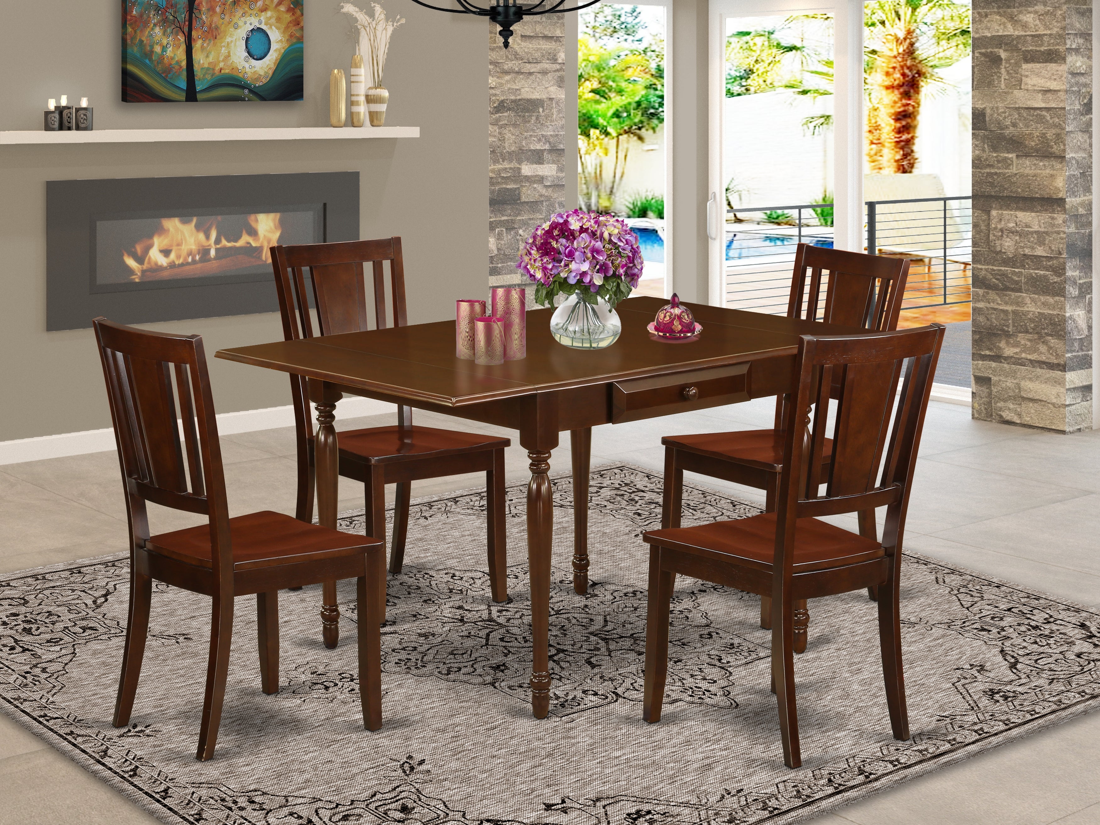 East West Furniture MZDU5-MAH-W 5Pc Dinette Sets for Small Spaces Contains a Dinette Table and 4 Kitchen Chairs with Solid Wood Seat, Drop Leaf Table with Panel Back Chairs, Mahogany Finish