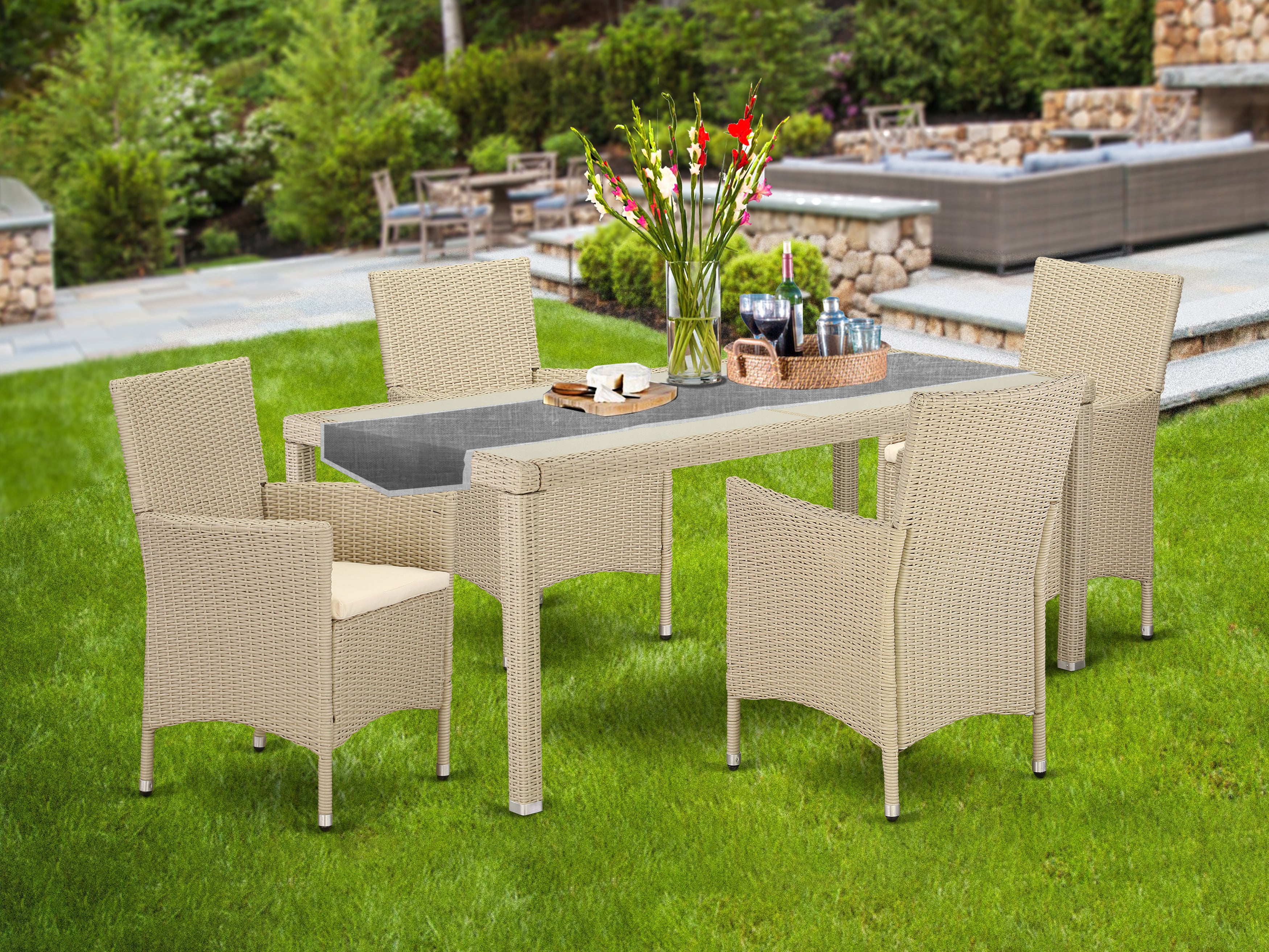 LUVL5-53V 5 pc Courtyard Wicker Dining Set for 4 in Cream Finish