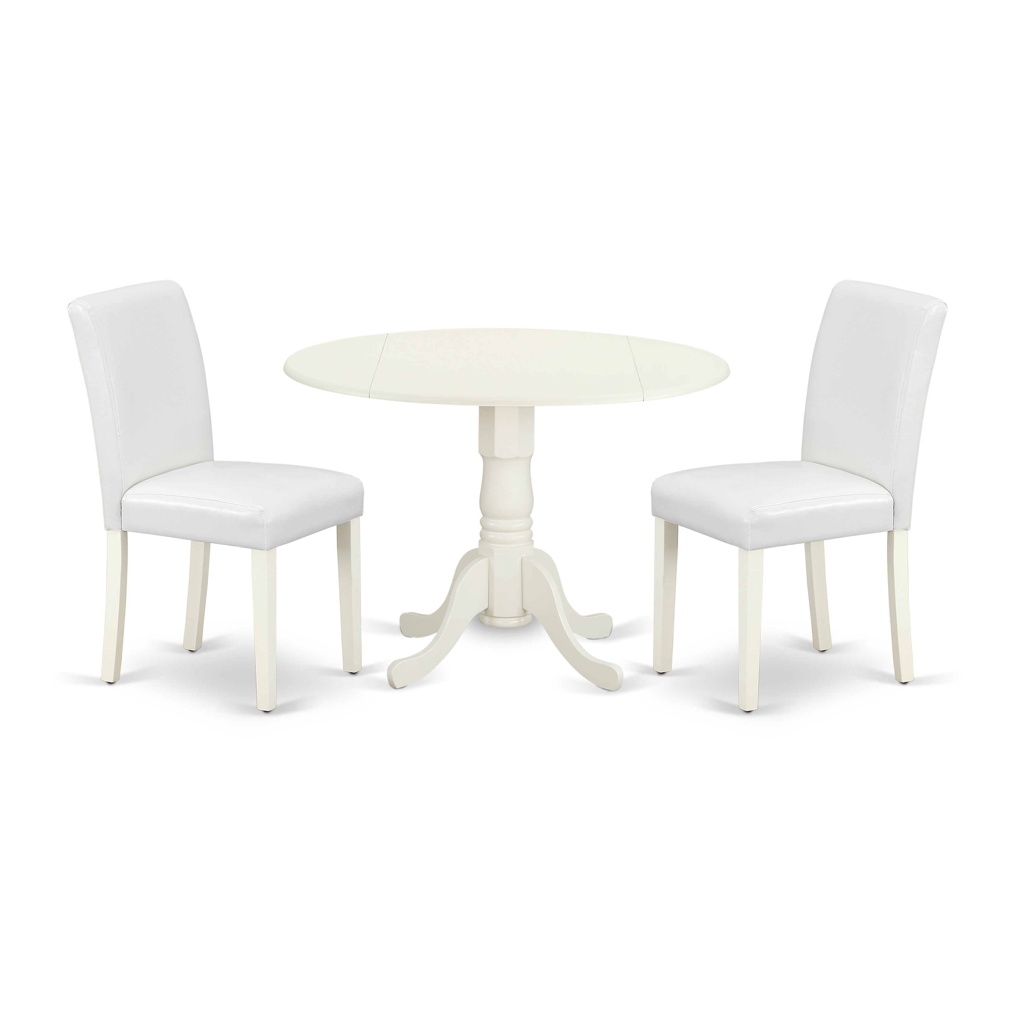 DLAB3-LWH-64 3Pc Round 42" Dining Room Table With Two 9-Inch Drop Leaves And 2 Parson Chair With Linen White Leg And Pu Leather Color White