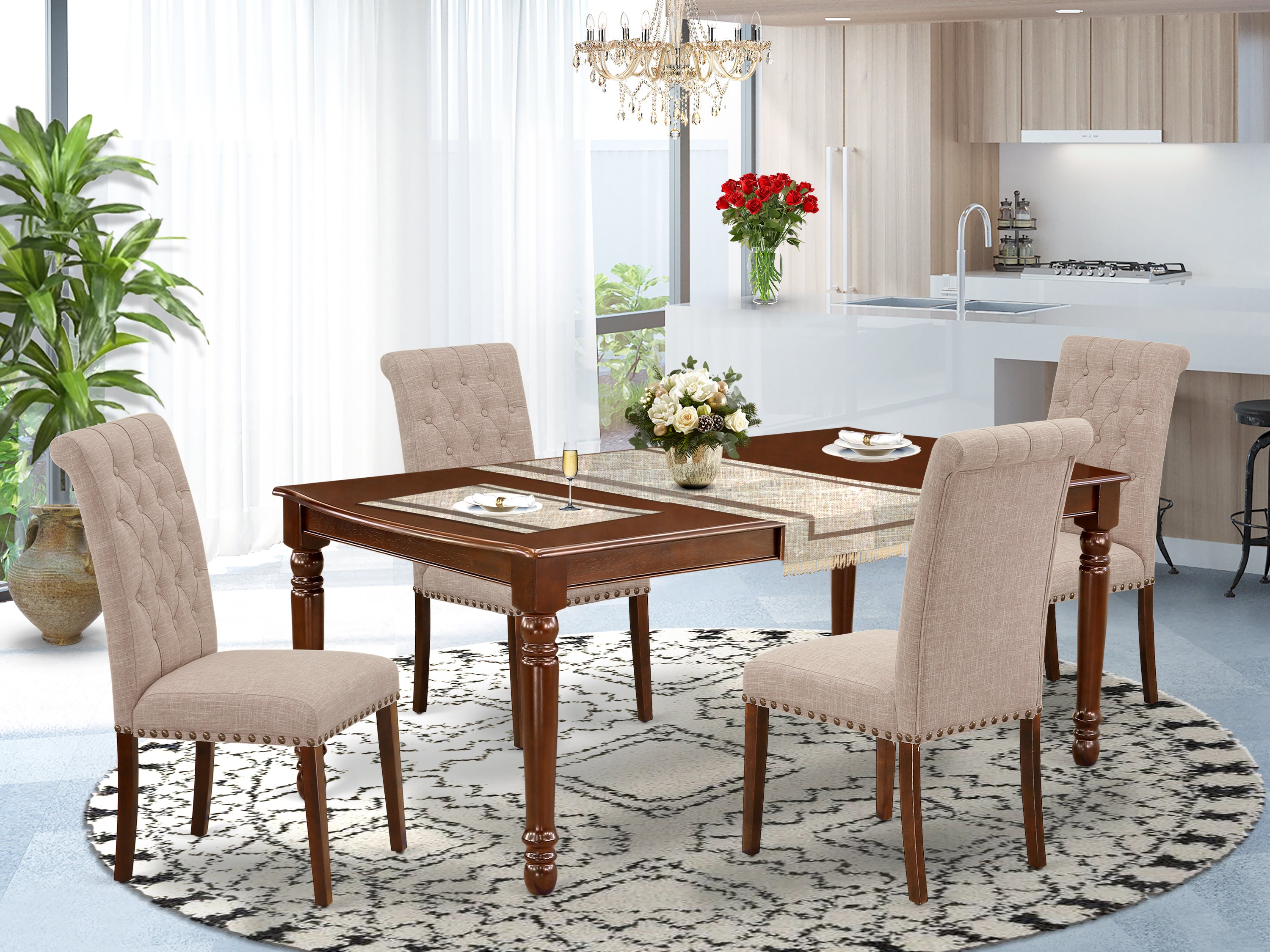 DOBR5-MAH-04 5Pc Dining Set Includes a Rectangle Dinette Table with Butterfly Leaf and Four Parson Chairs with Light Fawn Fabric, Mahogany Finish