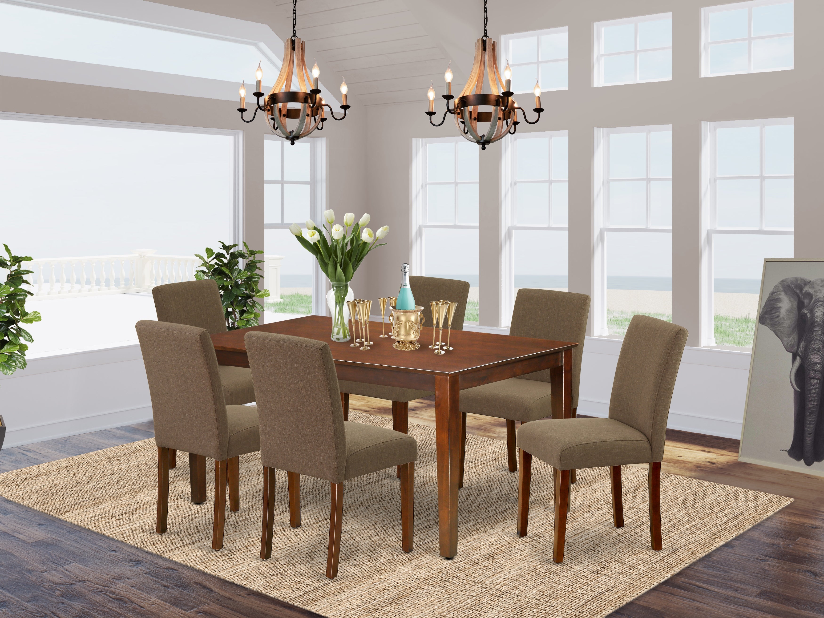 CAAB7-MAH-18 7Pc Rectangle 60" Dining Table And 6 Parson Chair With Mahogany Leg And Linen Fabric Coffee