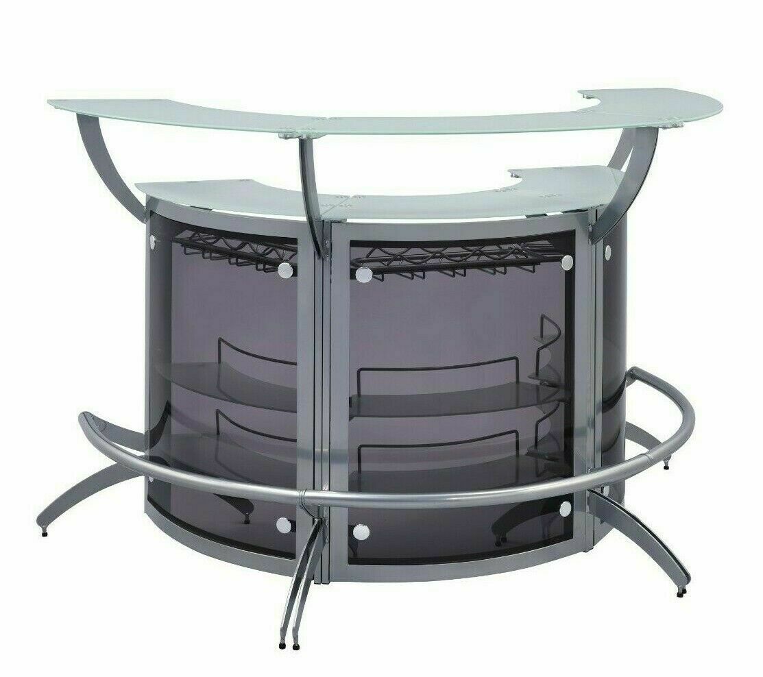 Modern Contemporary Silver 2-Shelf Curved Bar Wine Cabinet Table W Frosted Glass