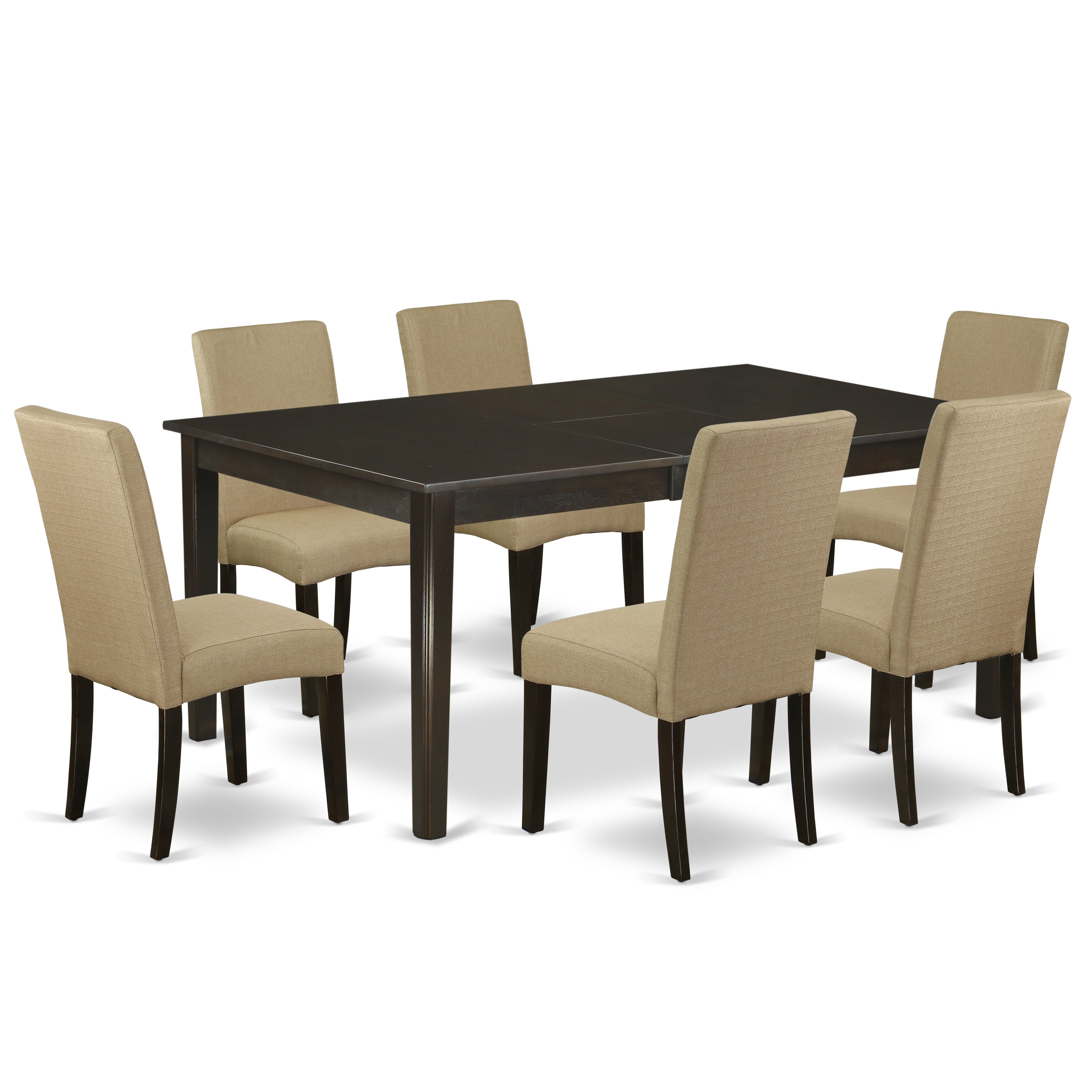 HEDR7-CAP-03 7 Pc Kitchen Set-Table With Butterfly Leaf And Six Parson Chair With Cappuccino Finish Leg And Linen Fabric- Brown Color