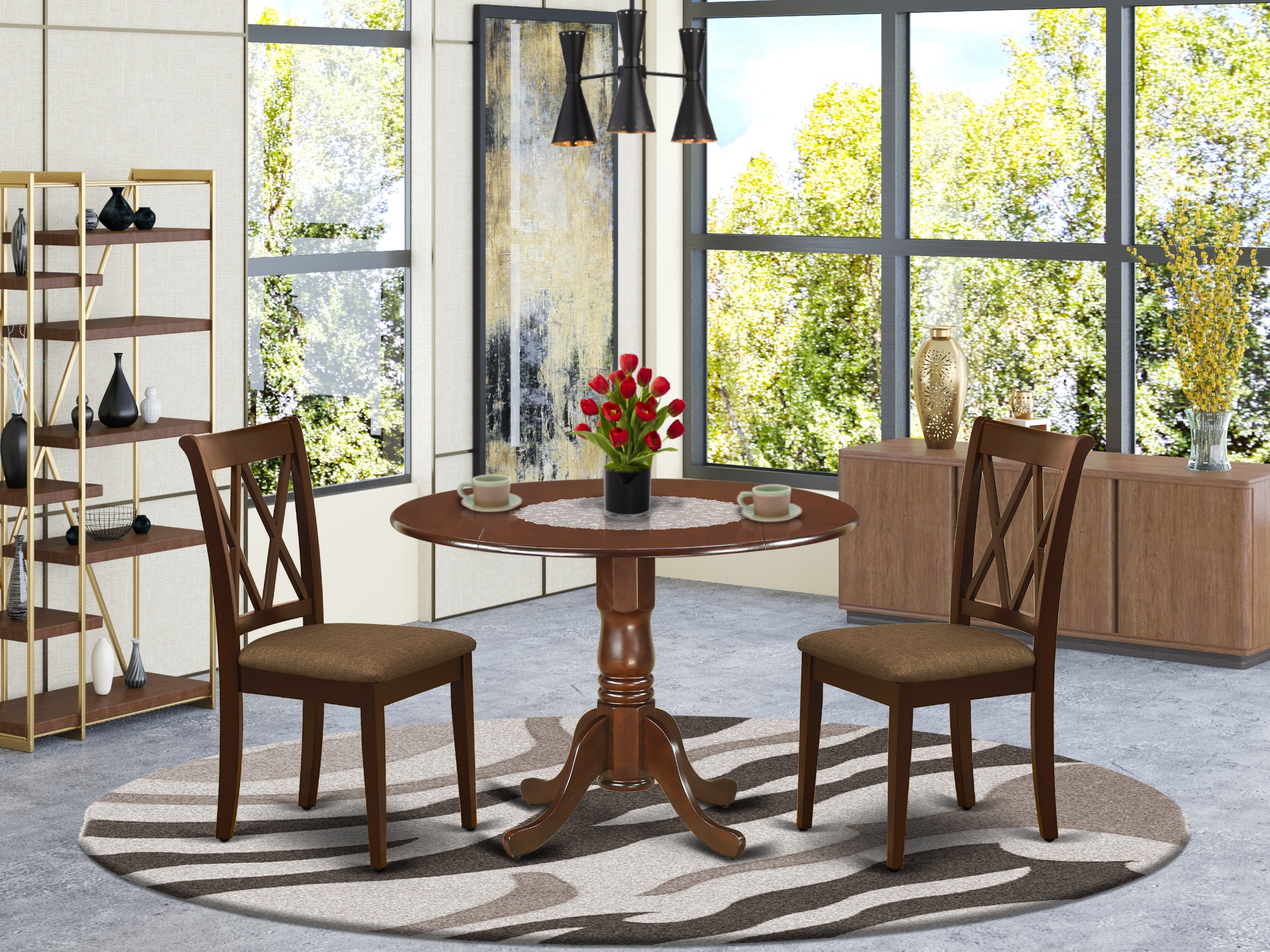 DLCL3-MAH-C 3Pc Dinette Set Includes a Rounded Kitchen Table with Drop Leaves and Two Double X Back Microfiber Seat Dining Chairs, Mahogany Finish