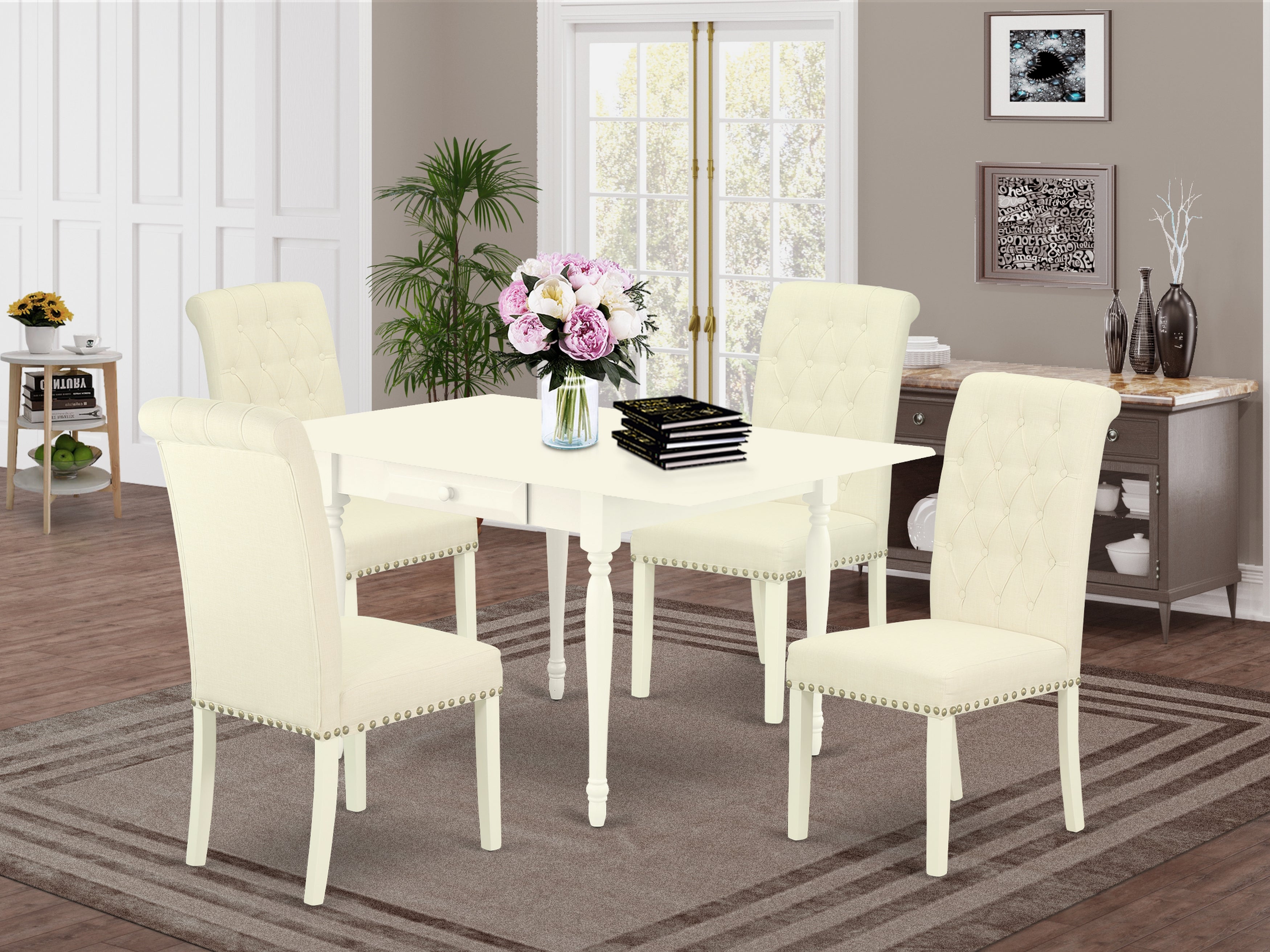 East West Furniture MZBR5-LWH-02 5Pc Dinette Set Includes a Small Table and 4 Parsons Dining Chairs with Light Beige Color Linen Fabric, Drop Leaf Table with Full Back Chairs, Linen White Finish