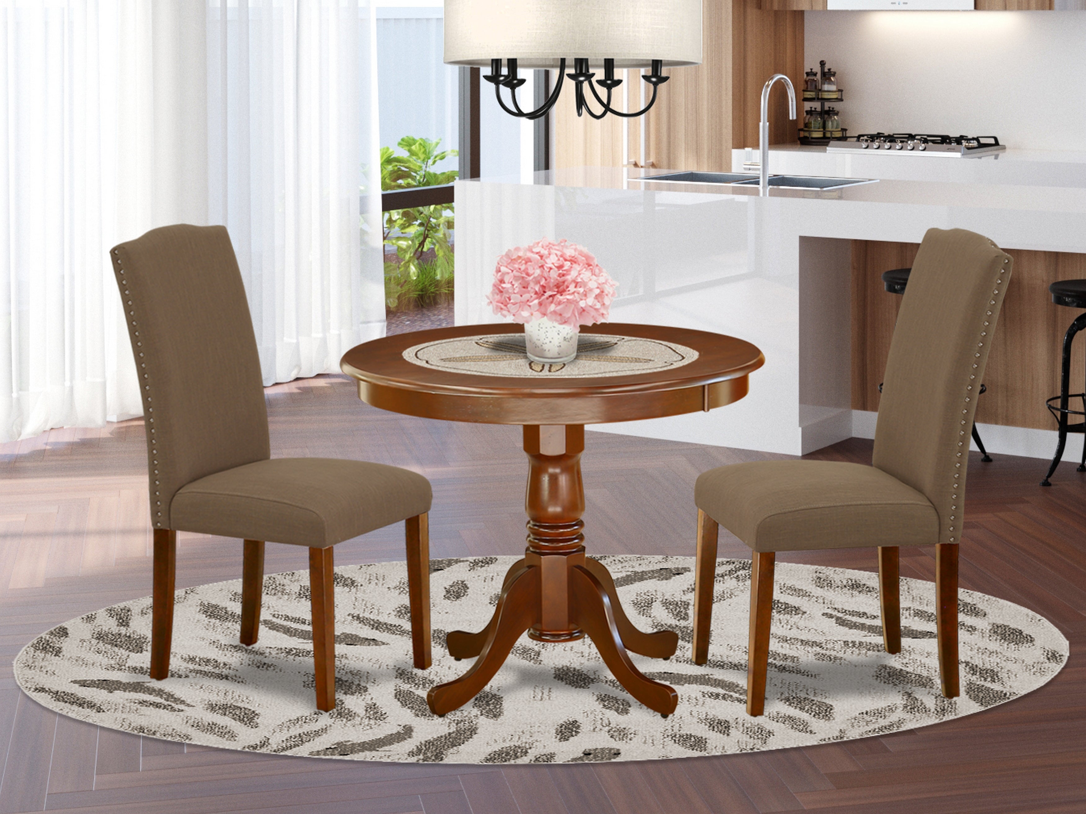 ANEN3-MAH-18 3Pc Rounded 36 Inch Dining Table And 2 Parson Chair With Mahogany Leg And Linen Fabric Dark Coffee