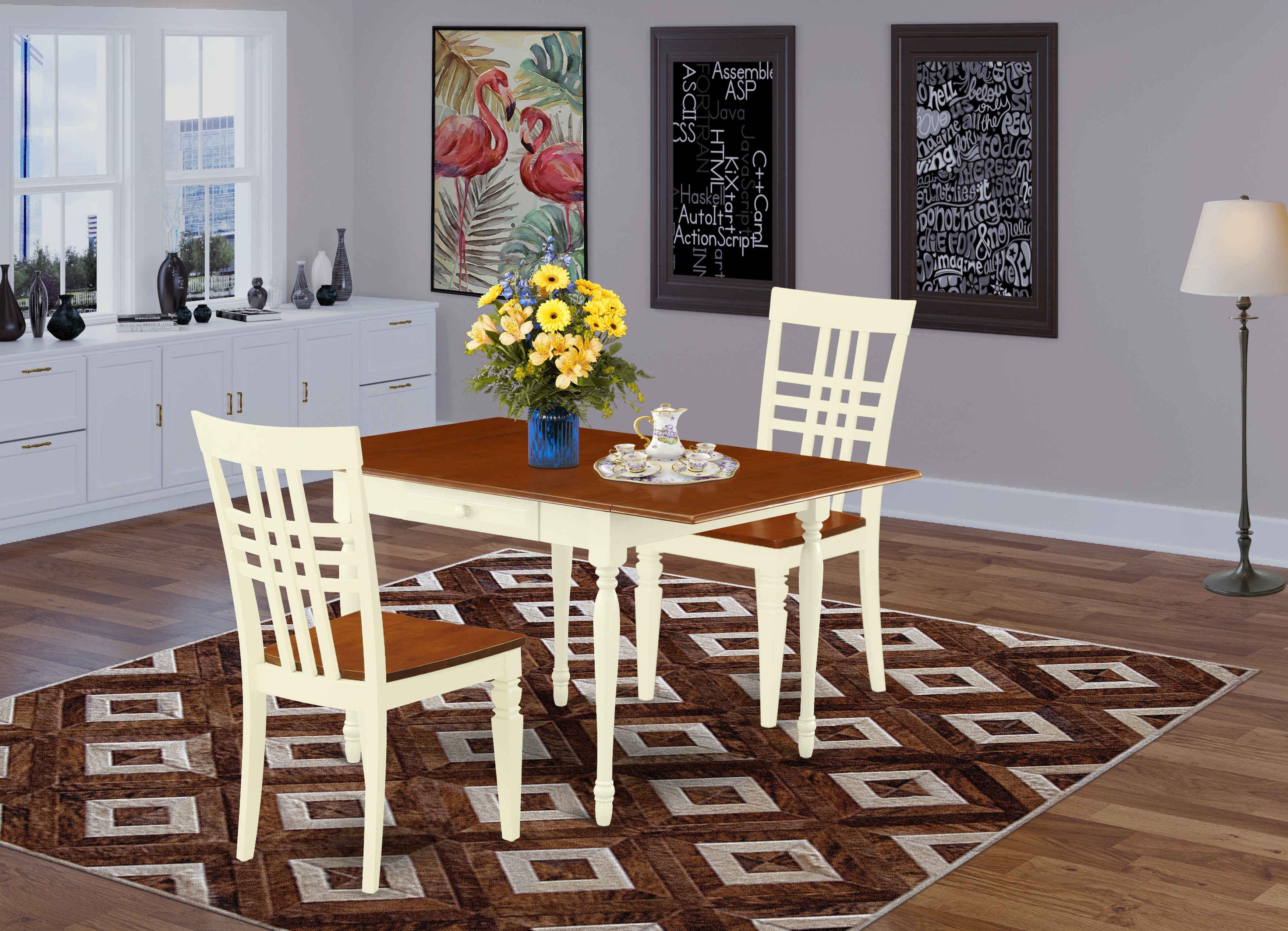 East West Furniture MZLG3-WHI-W 3 Pieces Dining Table set - Heavy Duty Two 9-Inch Drop Down Leaves Solid Wood Dinette Table and 2 Wooden Seat Kitchen Chairs, Buttermilk and Cherry Finish