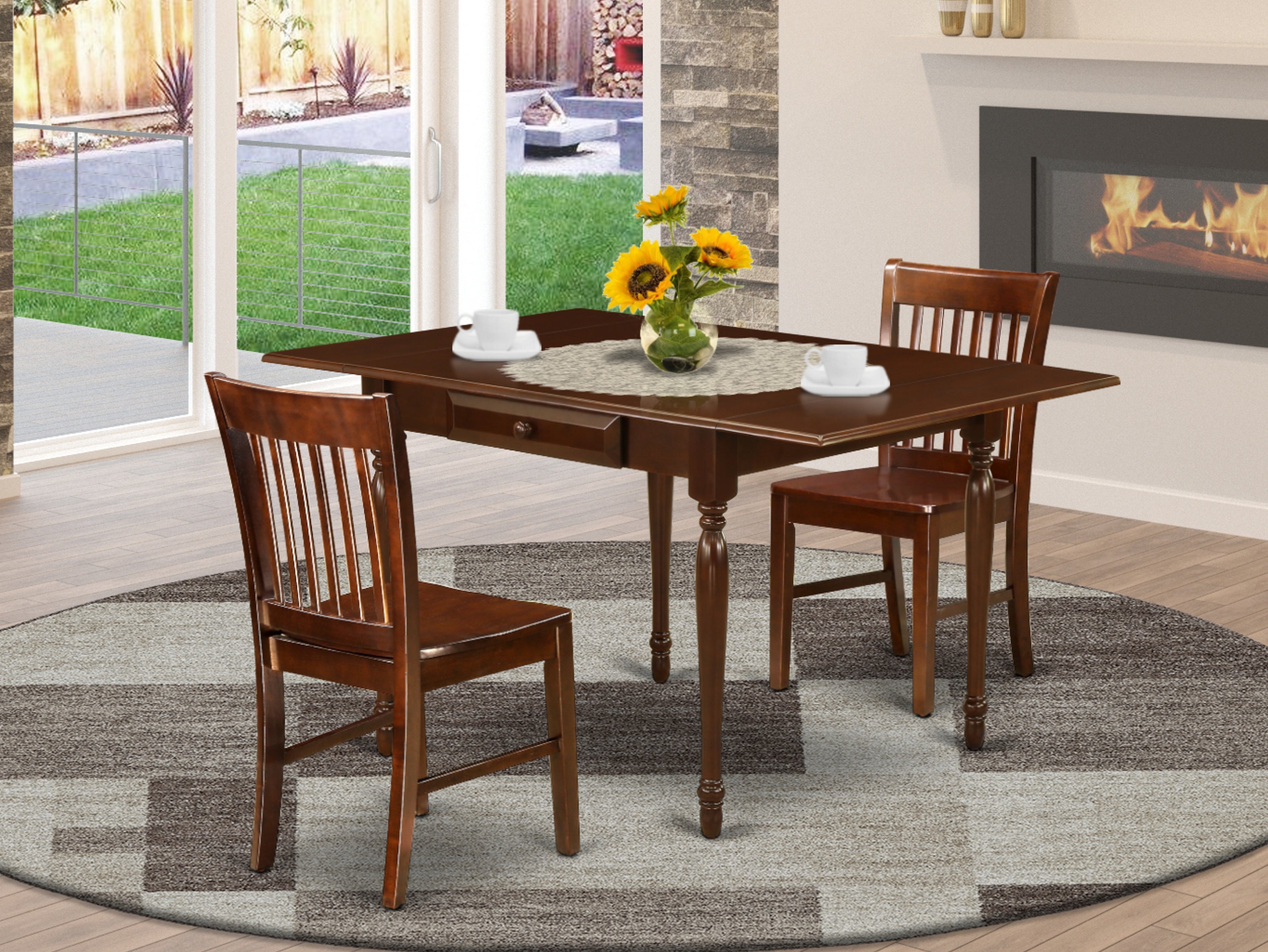East West Furniture MZNO3-MAH-W 3 Pieces Wooden Dining Table set - Strong Drop Leaf Wooden Dining Table and 2 Hardwood Seat Dining Chairs, Mahogany Finish