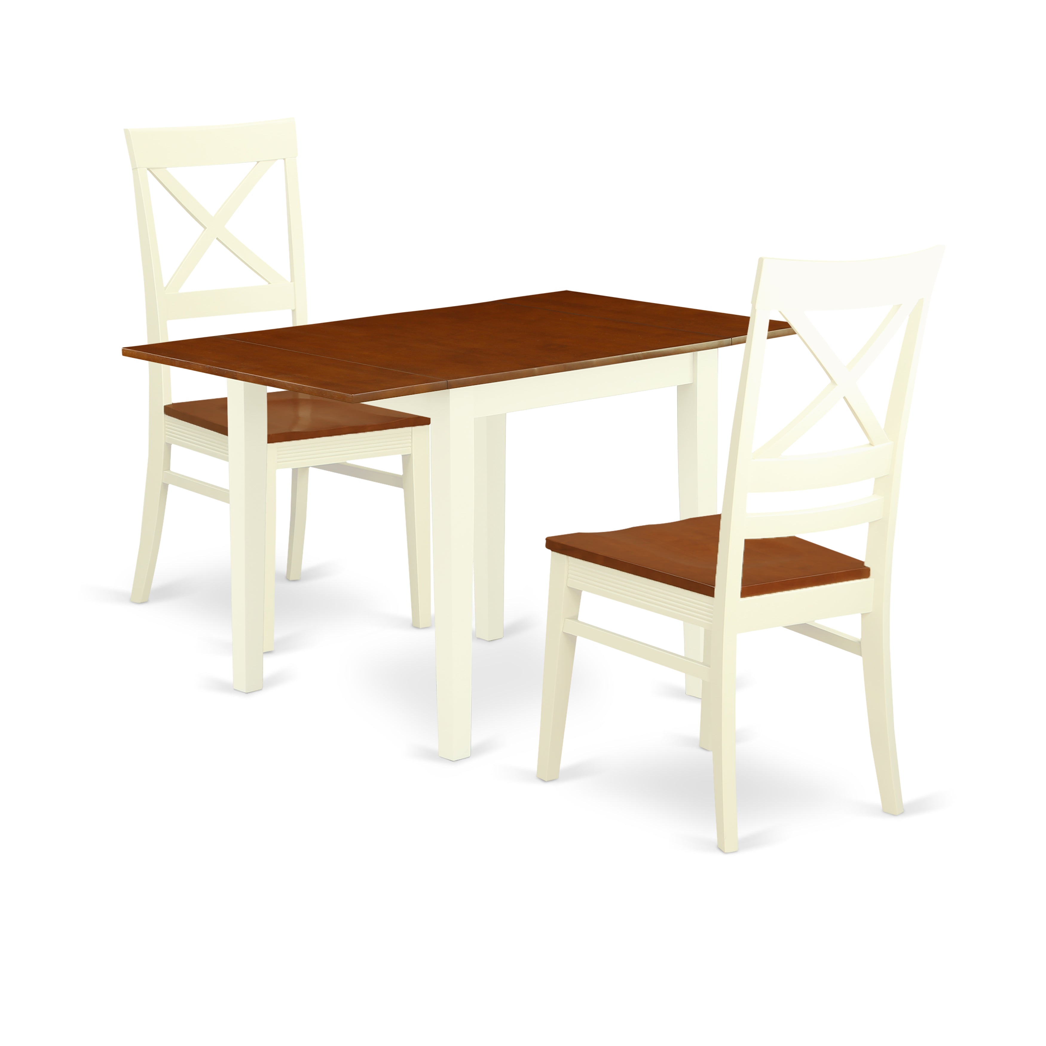 East West Furniture NDQU3-WHI-W, 3Pc Kitchen Set Consists of a Drop Leaf Table and 2 Dinette Chairs with Solid Wood Seat and Back, X Finish