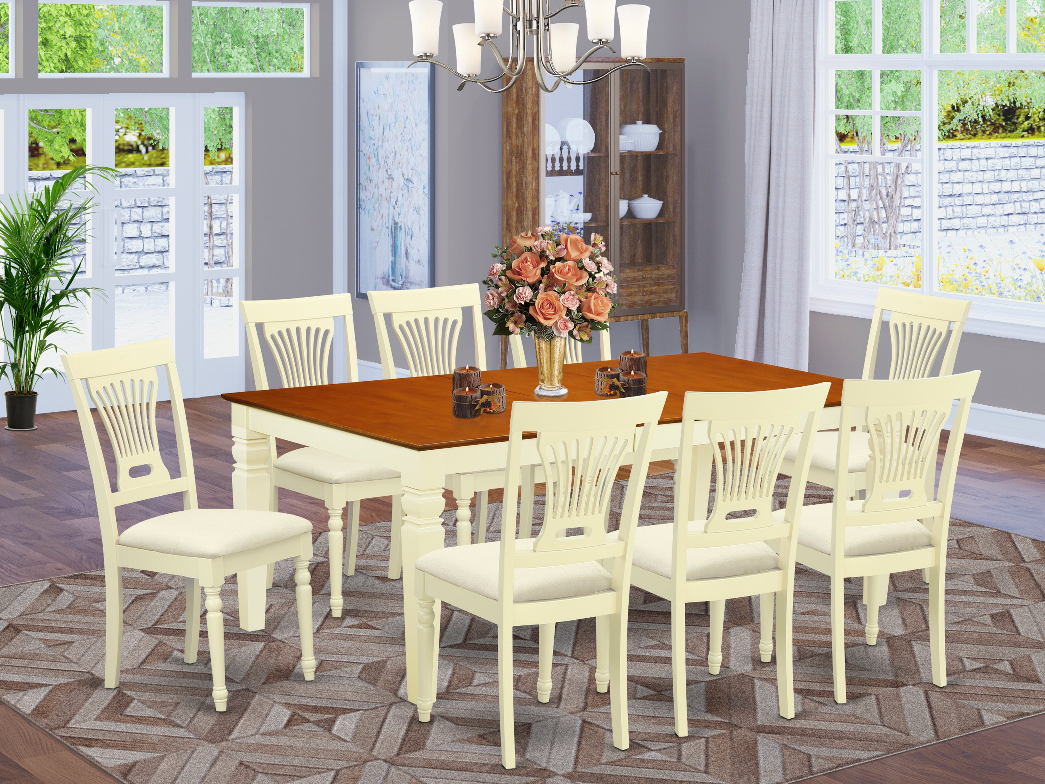 LGPL9-BMK-C 9 PcKitchen Tables and chair set with a Dining Table and 8 Kitchen Chairs in Buttermilk and Cherry