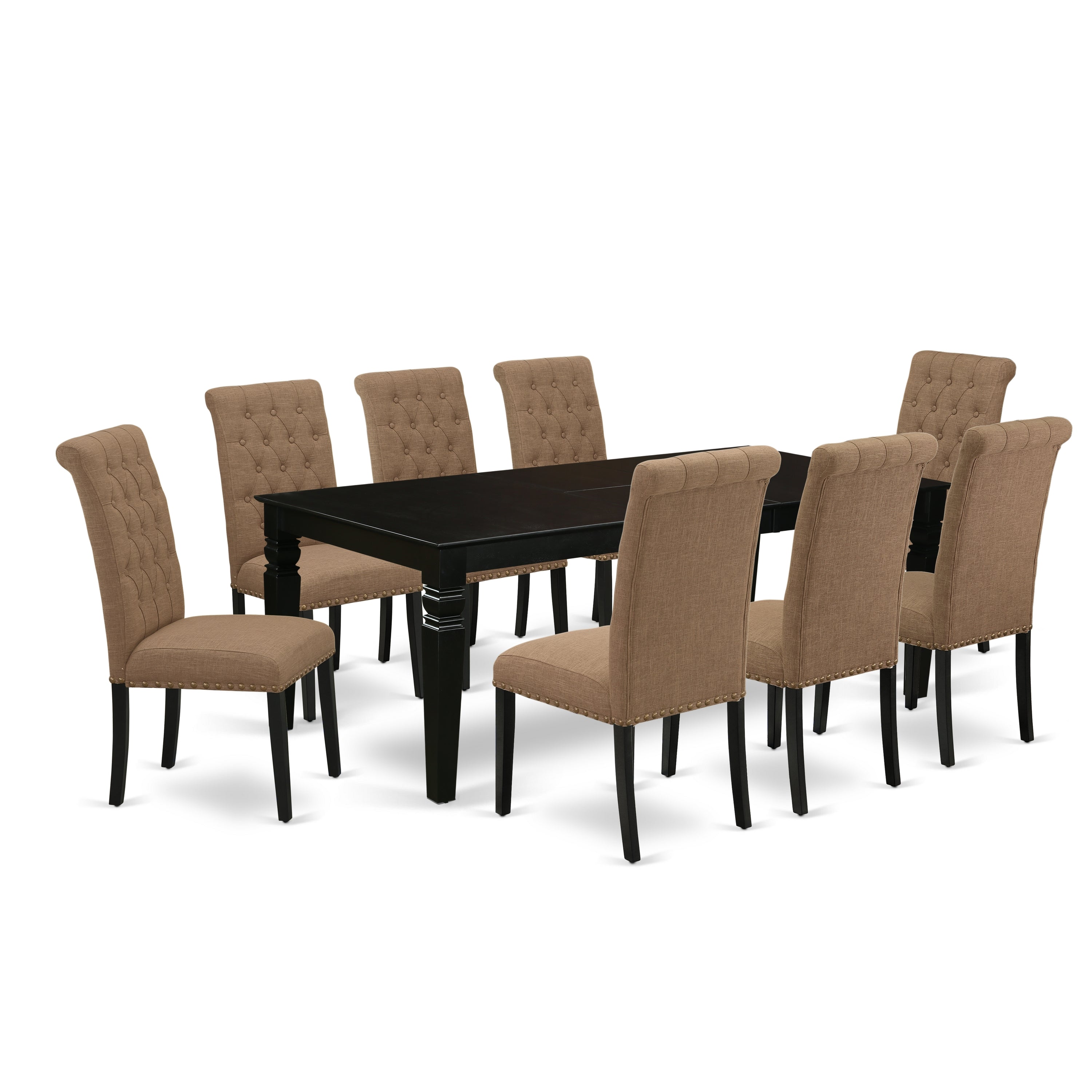 LGBR9-BLK-17 9Pc Dining Set Includes a Rectangle Dining Table with Butterfly Leaf and Eight Parson Chairs with Light Sable Fabric, Black Finish