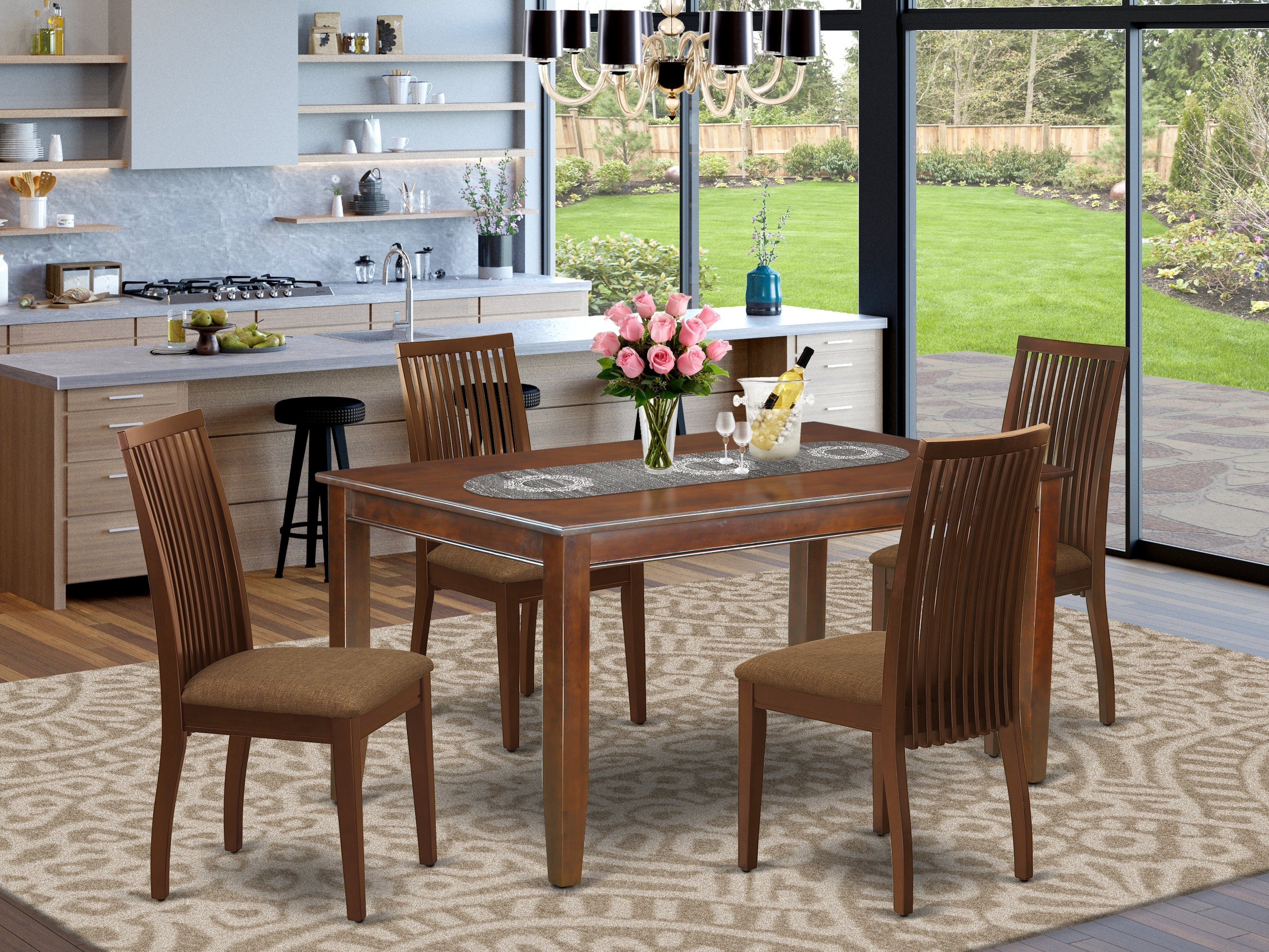 DUIP5-MAH-C 5Pc Dining Set Includes a Rectangle Dining Table and Four Microfiber Seat Dining Chairs, Mahogany Finish