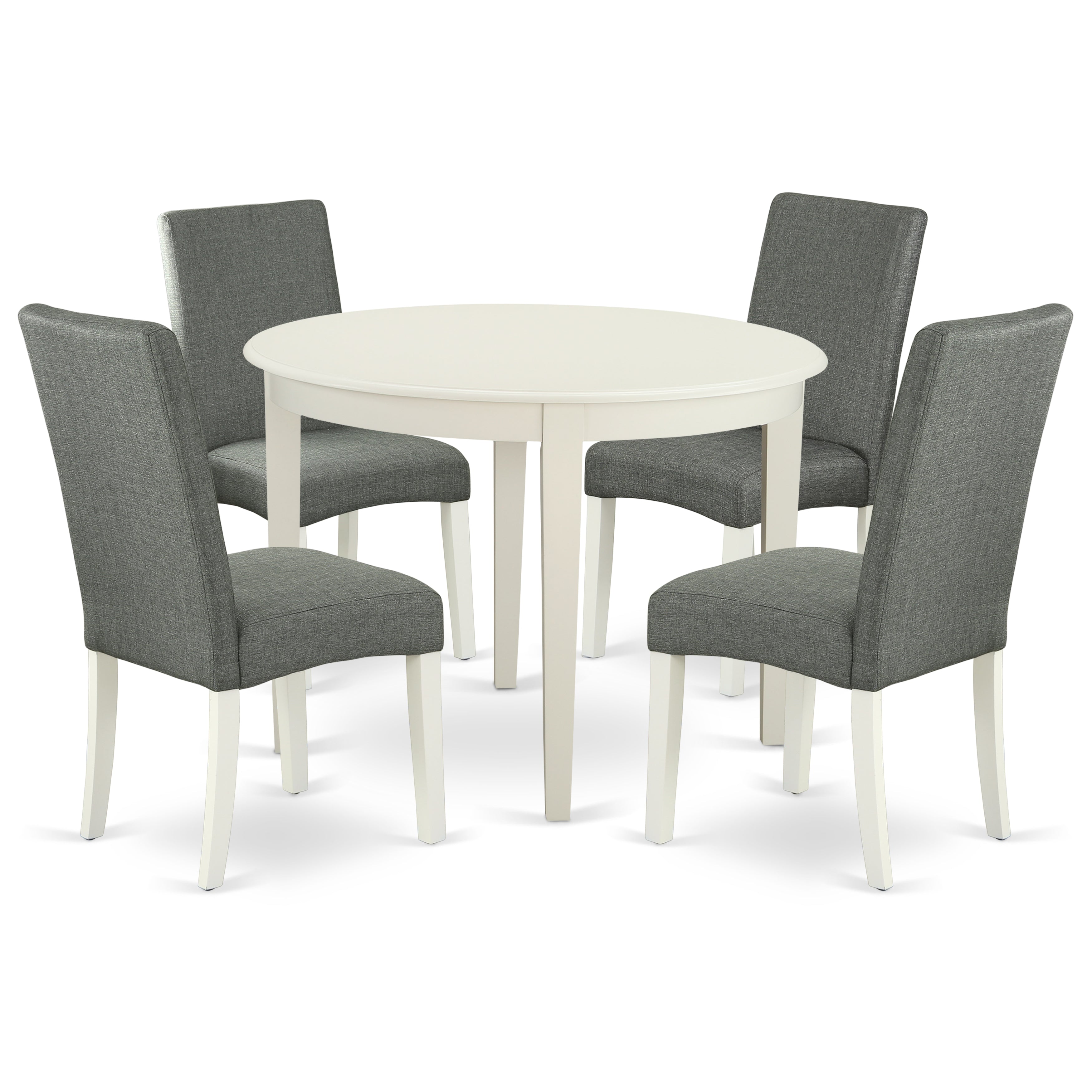 BODR5-LWH-07 5Pc Round 42" Kitchen Table And Four Parson Chair With Linen White Finish Leg And Linen Fabric- Gray Color